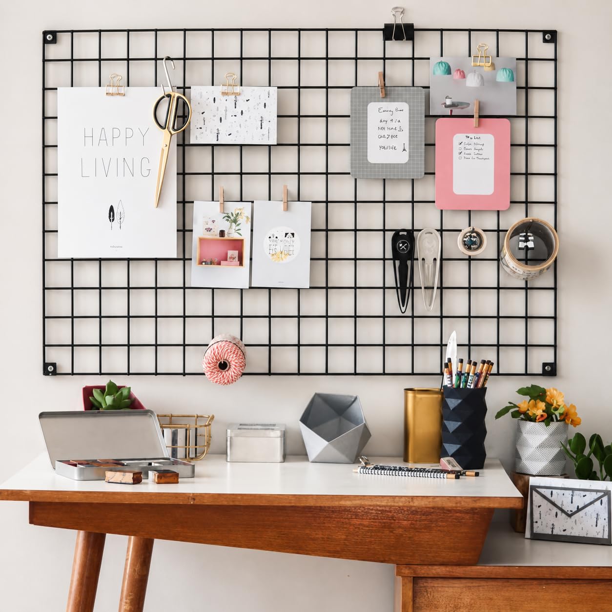 Wall Wire Grid Organizer with Basket & Tray | Metal Mesh Photo Display Board, Wall Décor & Storage Rack for Home Office | 1 Grid (17x25 inch), 1 Basket, 1 Tray – Black-image-19