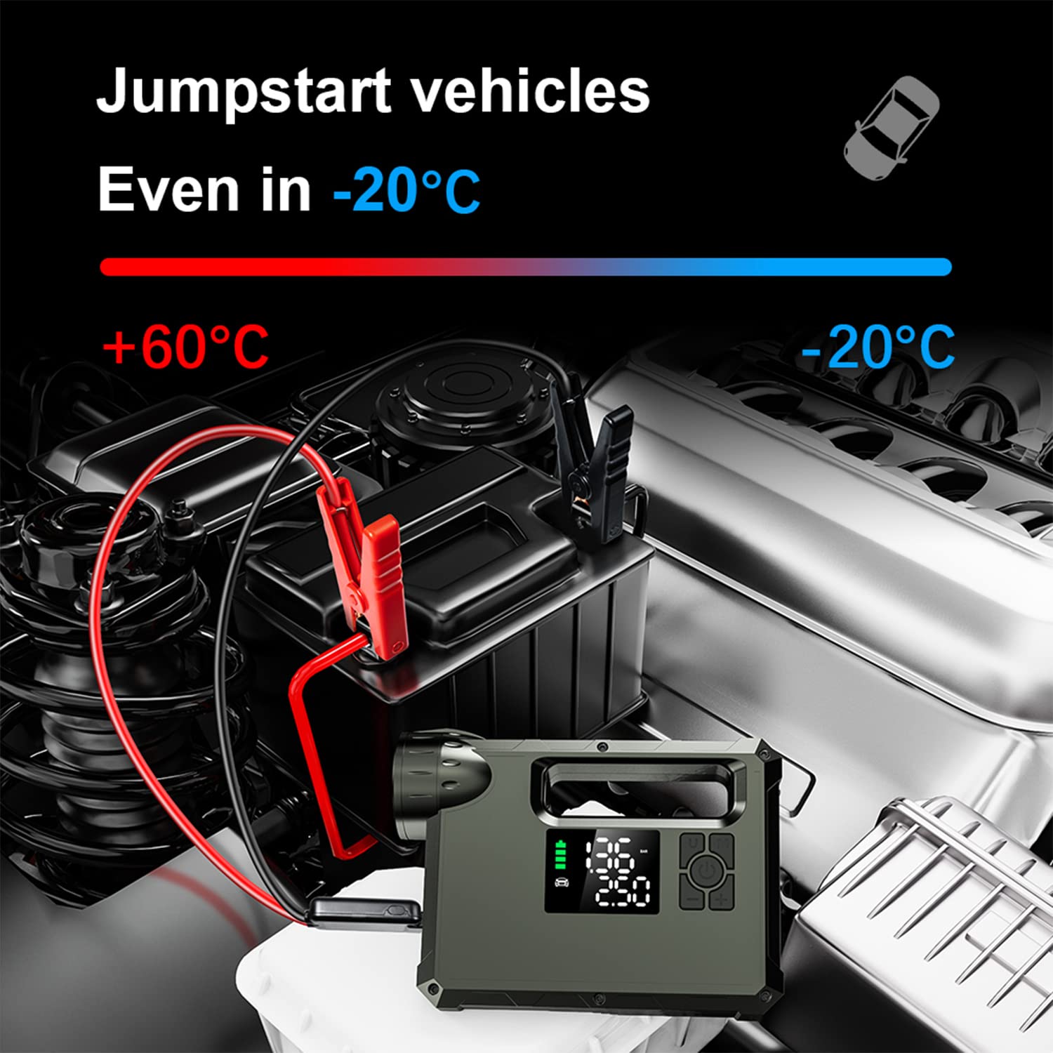 Arrancador portátil para Coche, 2000 A de Potencia máxima, con compresor de Aire para Motores de Gasolina de hasta 7 L y diésel de 4 L, Bomba de inflado de neumáticos de 150 PSI para Acampar