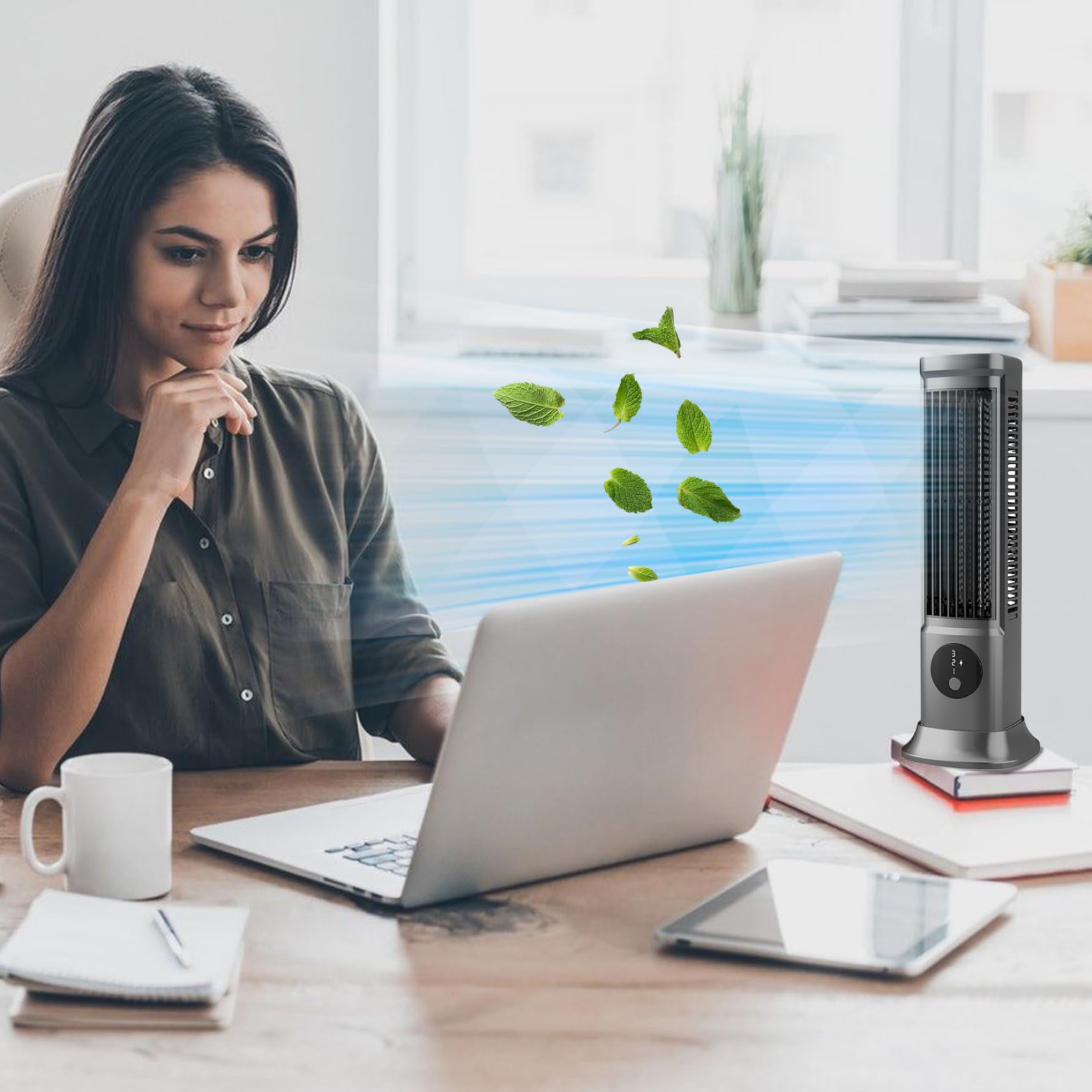 Ventilatore A Torre Senza Pale 12.3" - 3 Velocità, Oscillante, Silenzioso (20 DB), USB Ricaricabile, Per Camera, Ufficio, Cucina