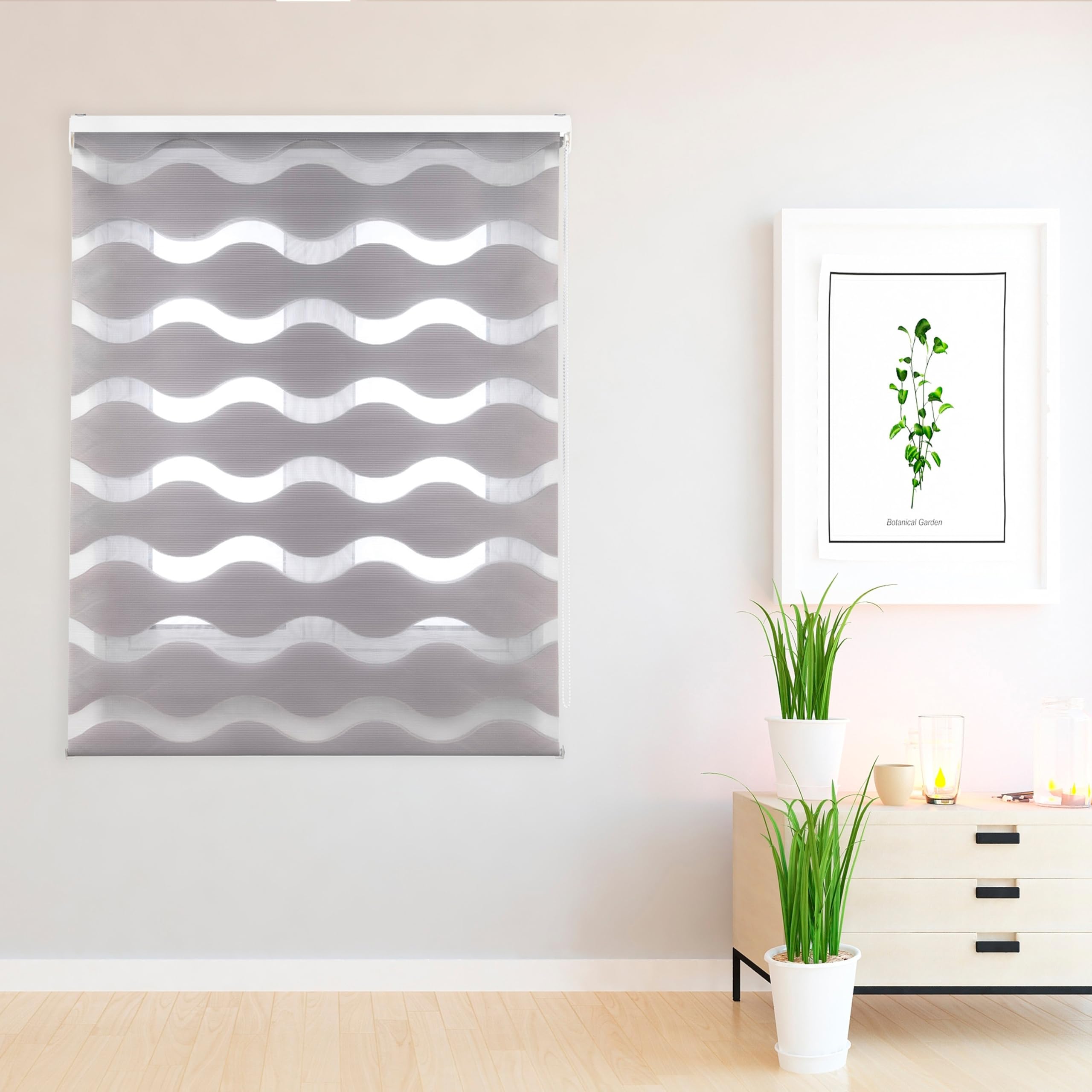 Blindecor Lira Roleta dzień i noc, zasłona wewnętrzna, eleganckie zasłony dzień i noc, 140 x 180 cm, Srebrno-Szare Fale