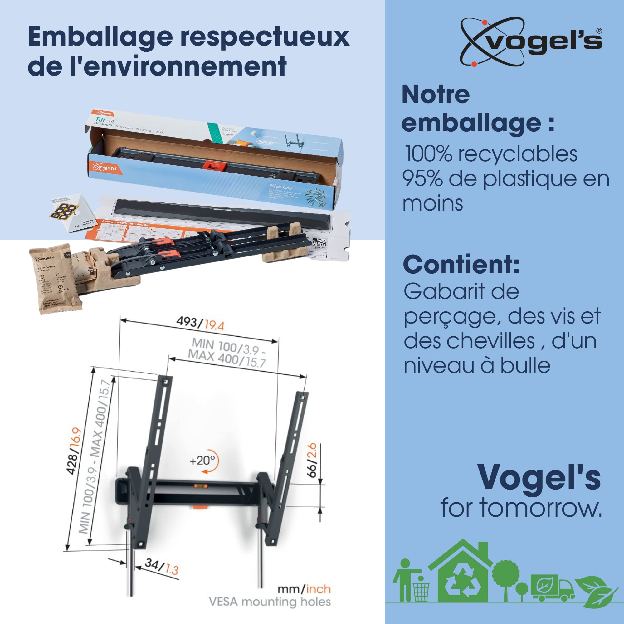 Vogel's TVM 3415 Support Mural TV inclinable pour téléviseurs 32-65 Pouces, Max. 25 kg, Support TV Max. VESA 400x400, Compatibilité Universelle | Inclinable jusqu'à 20°, Charge Max 25 kg, Certifié TÜV, VESA 400x400, Technologie inclinaison protège TV et m