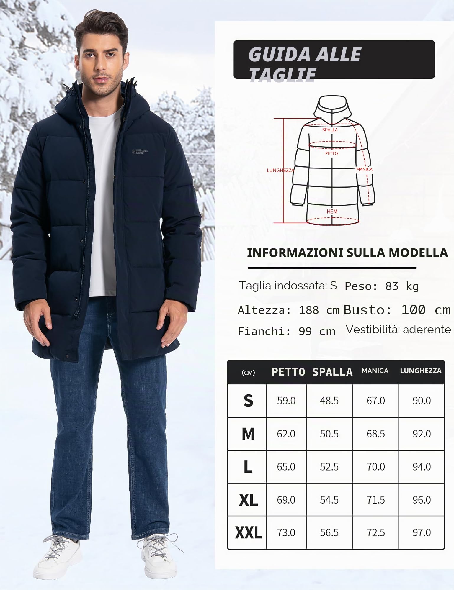 Pioneer Camp Giacca invernale da uomo, lunga, antivento, impermeabile, calda, invernale, parka con cappuccio