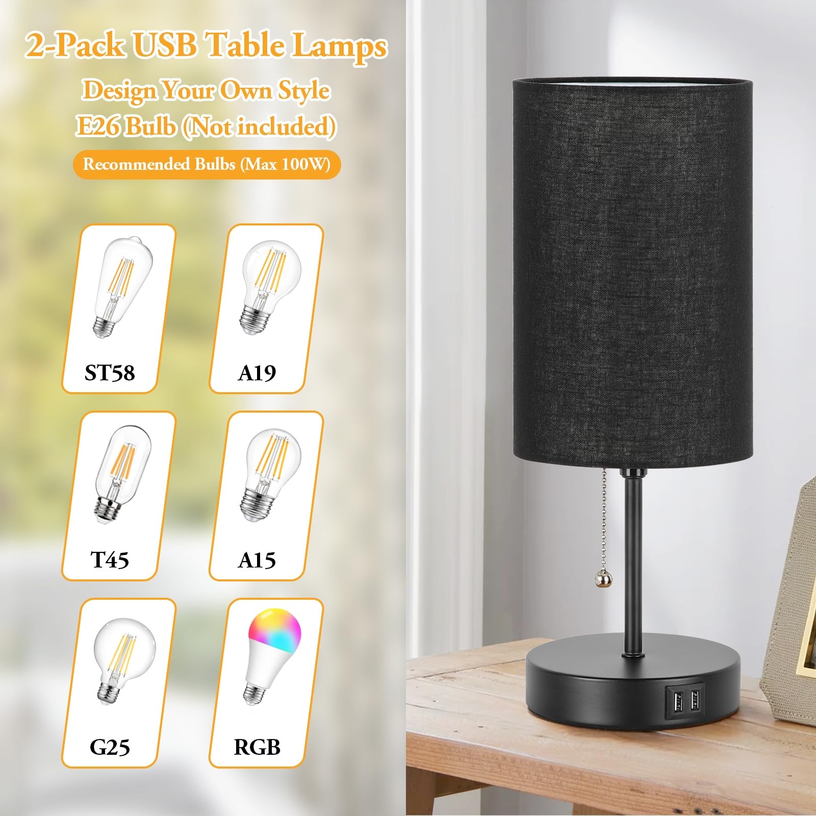 2er Set Tischlampen mit 2 USB-Anschlüssen, Nachttischlampen für Schlafzimmer, Moderne Nachttischlampen mit Zugkette, Minimalistische Schreibtischlampen mit schwarzem Stoffschirm und Metallsockel für