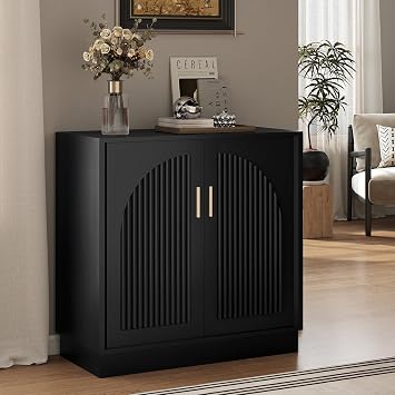 31.5" Fluted Sideboard Cabinet with Arched Doors, Buffet Cabinet, Black