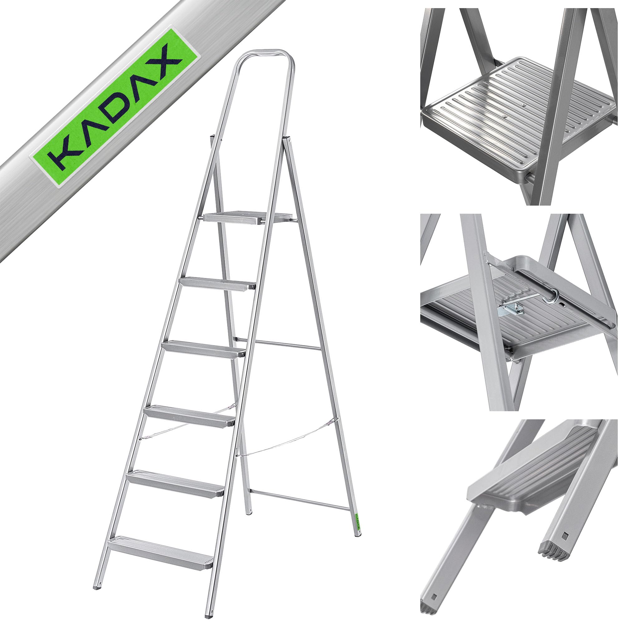 KADAX Stalowa drabina 6-stopniowa jednostronna | skladana antyposlizgowe nozki | z polka | szerokie stopnie | do 150kg
