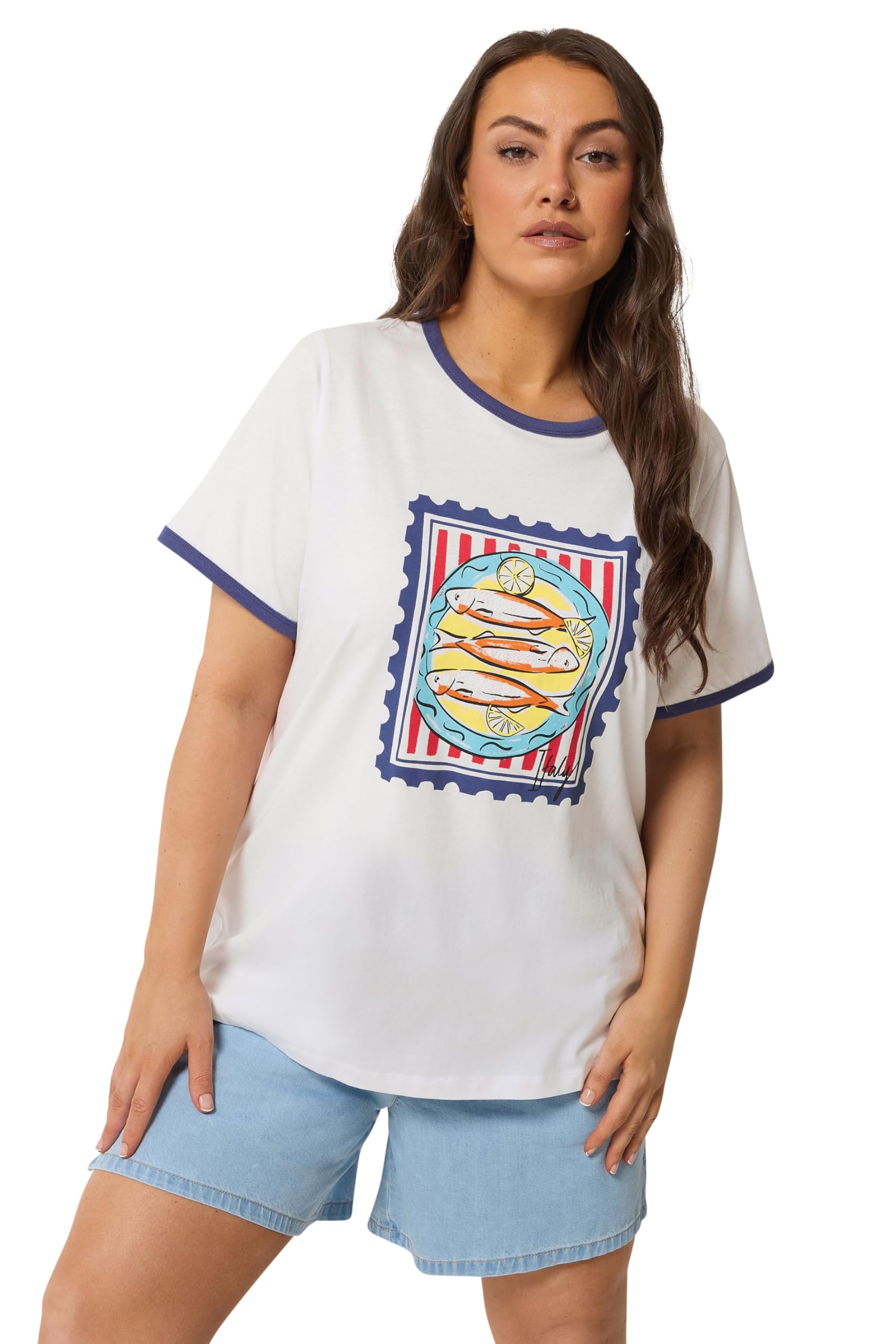 Yours Women's White Sardine Graphic Ringer T-Shirt In | Size: 16