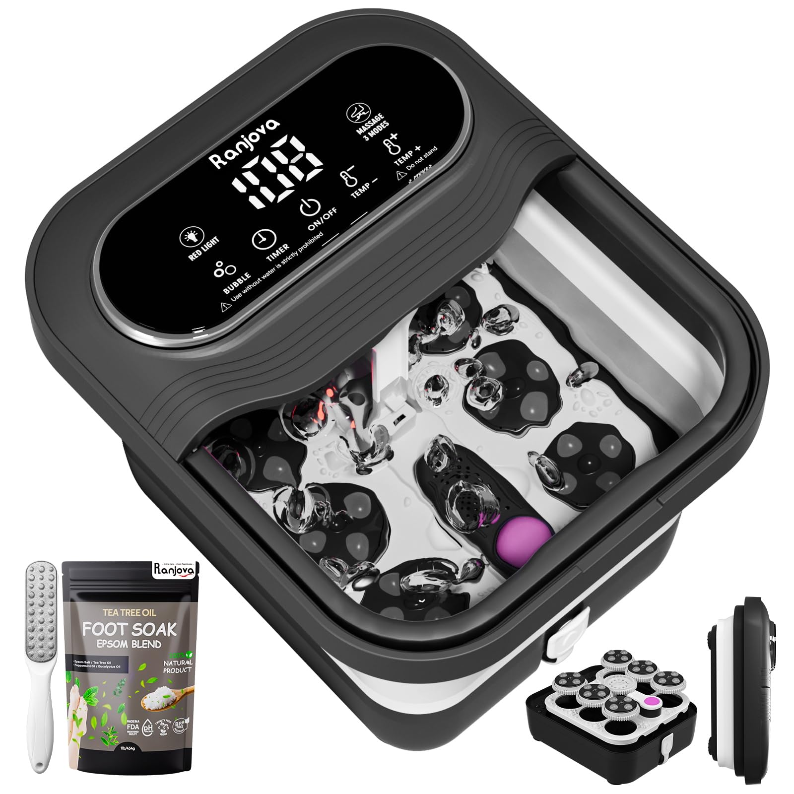 Collapsible Foot Spa Bath Massager with Heat and Jets, Bubble, Temp Control, and 24 Motorized Shiatsu Massage Balls, Tea Tree Oil Foot Soak with Epsom Salt, and Double Sided Foot File