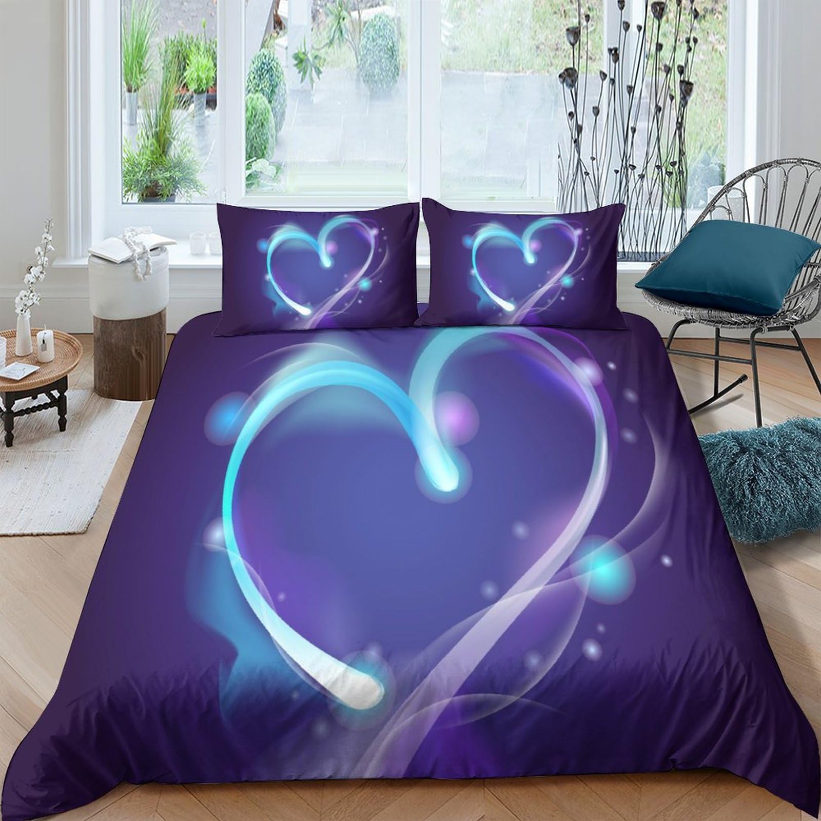 Parure de lit imprimé amour en microfibre douce, housse de couette double 3 pièces chaleureuse