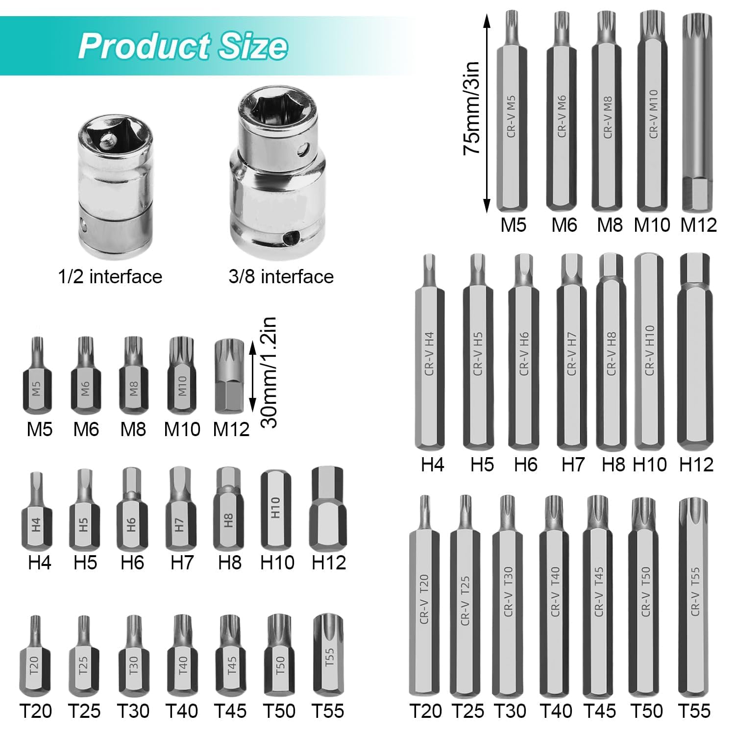 40 Pezzi Cacciavite Torx Bussola Kit, Include Punta Capo di Prugna, Esagonali e Spline, Bussole per Avvitatore con Unità da 1/2 3/8 Pollici, Set Cacciaviti Torx, per Officina e Fabbrica