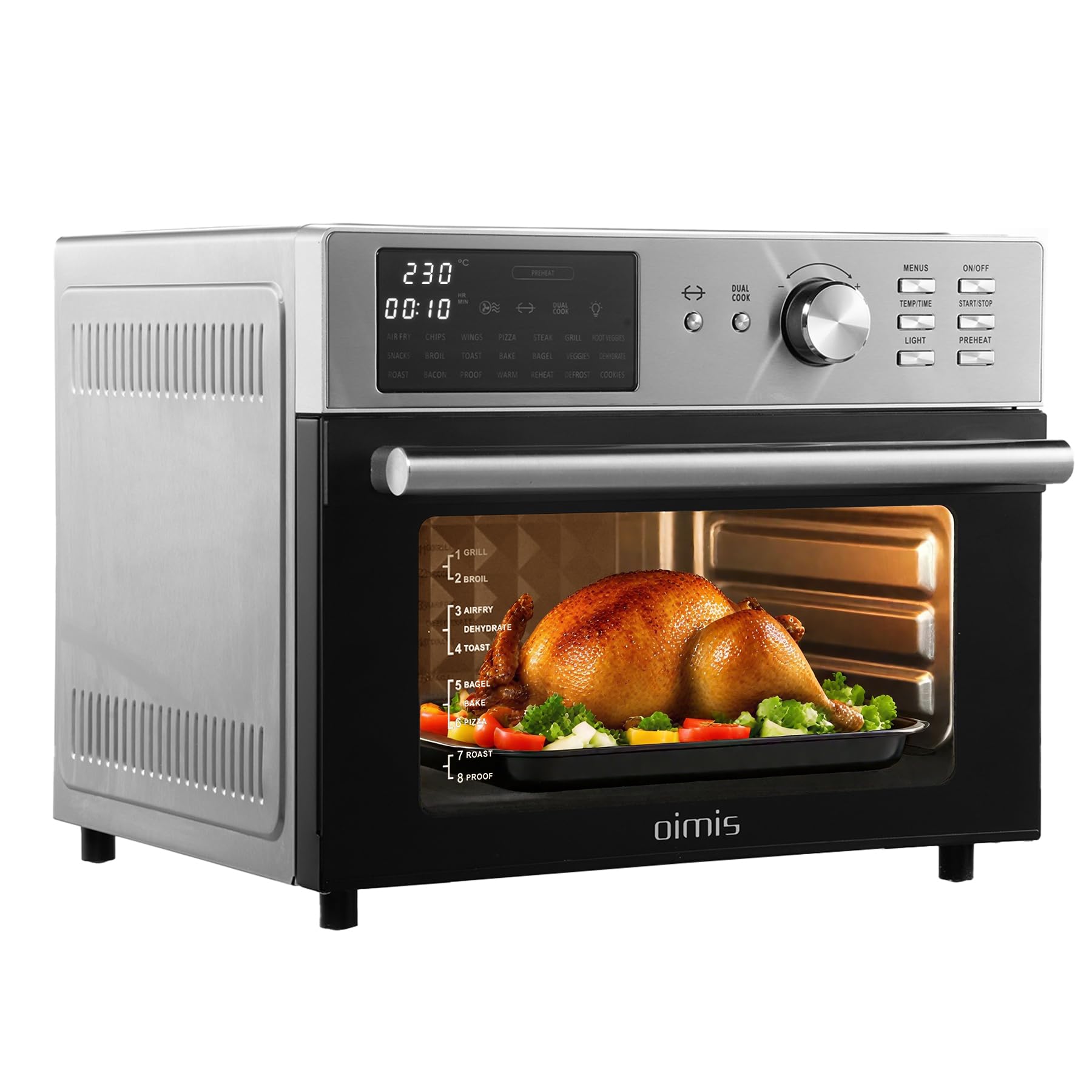 OIMIS Friggitrice ad Aria Calda, Forno multifunzione ad aria 30L, 21 in 1 Forno Elettrico Airfryer timer e temperatura regolabili con 7 accessori Fornetto senza olio certificazione CE, Argento 1800w