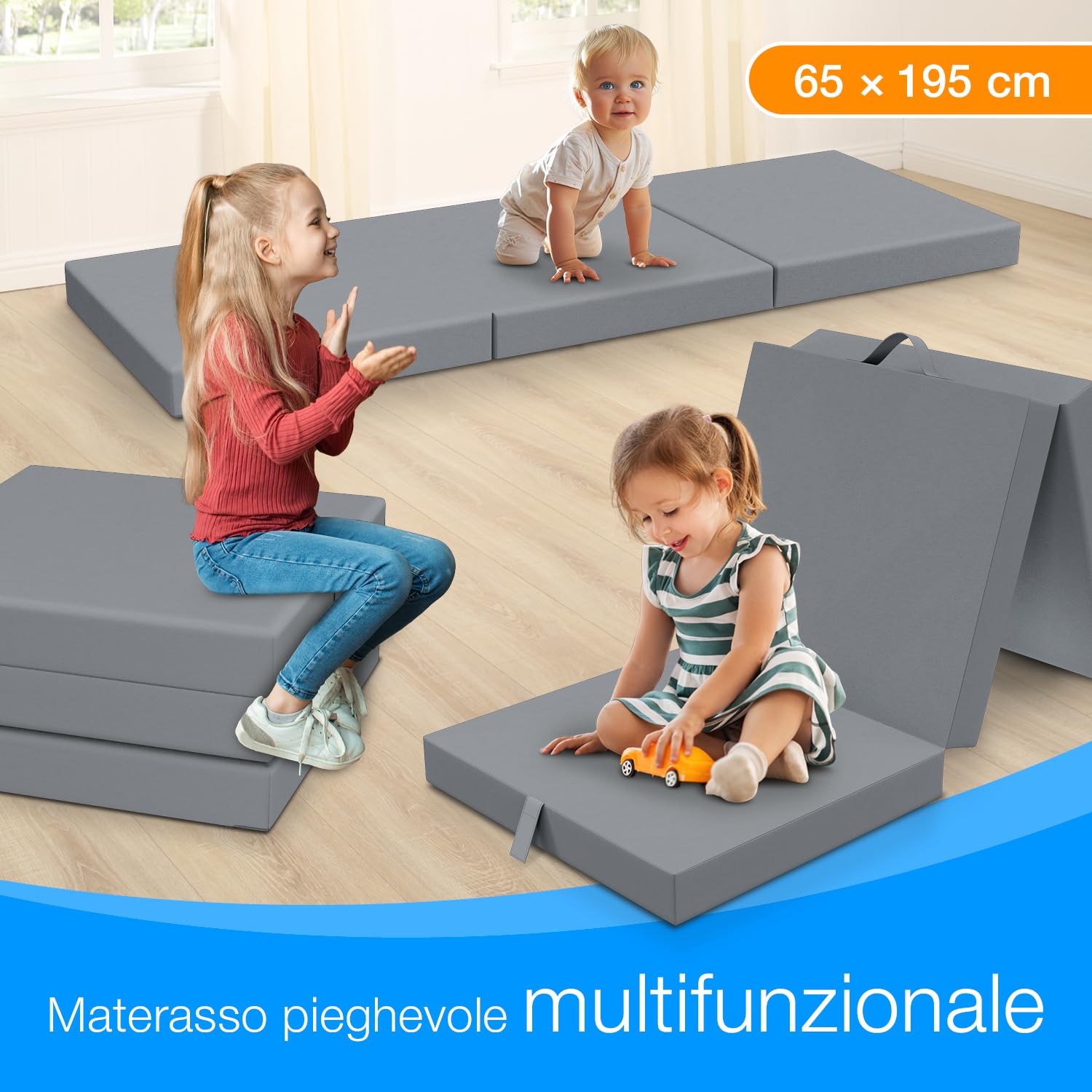 ELONEO Materasso Pieghevole 65x195 cm, Altezza 9 cm, Materasso Pieghevole per Bambini, Materasso Supplementare Pieghevole, Materasso da Viaggio per Bambini e Adulti, Ideale per Viaggi e Campeggio