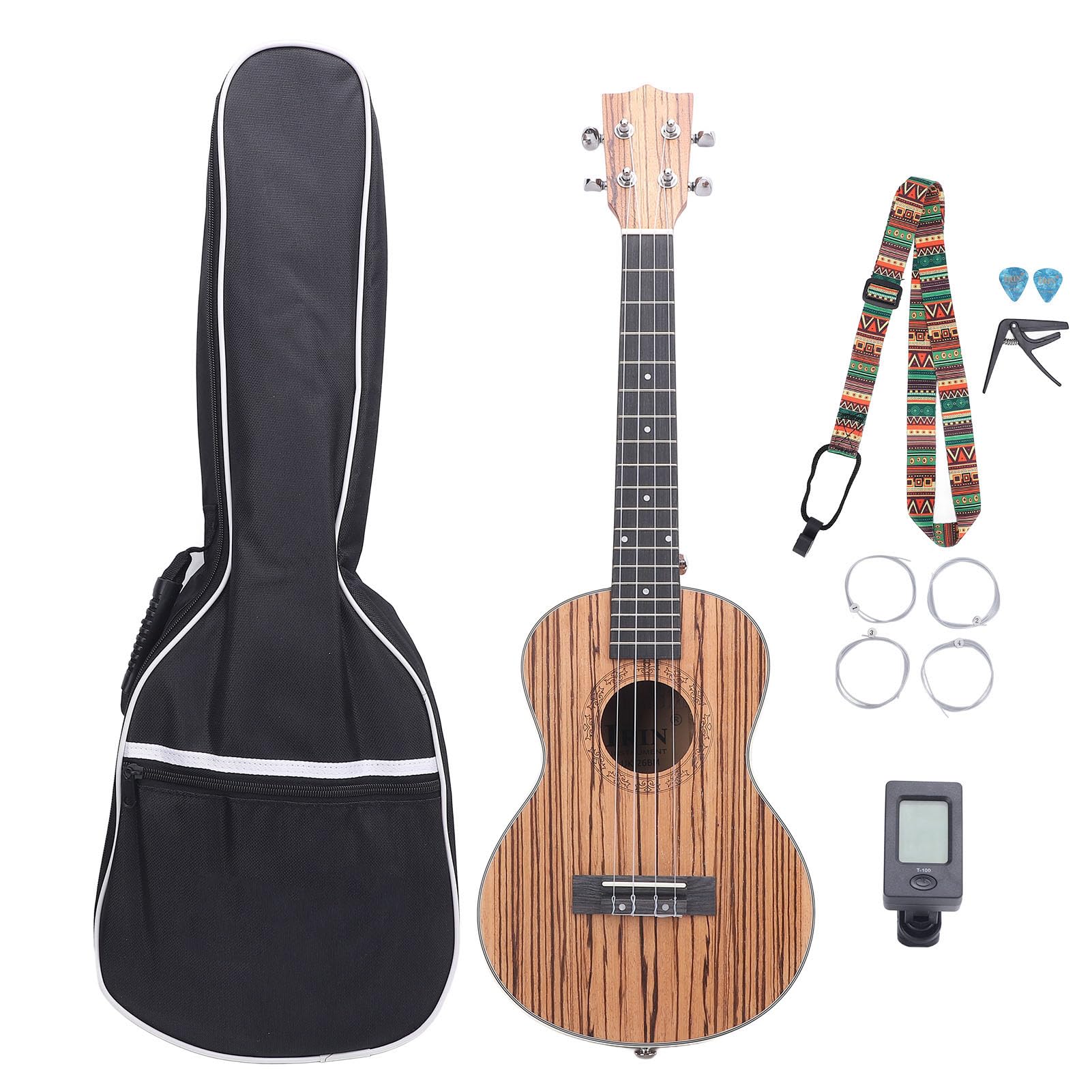 Ukulele Tenor de 26 Pulgadas, Ukulele de Madera Cebra con Rico Sonido y Bolsa, Correa, Sintonizador, 4 Cuerdas de Nylon Adicionales, 2 Selecciones para Todos los Jugadores de