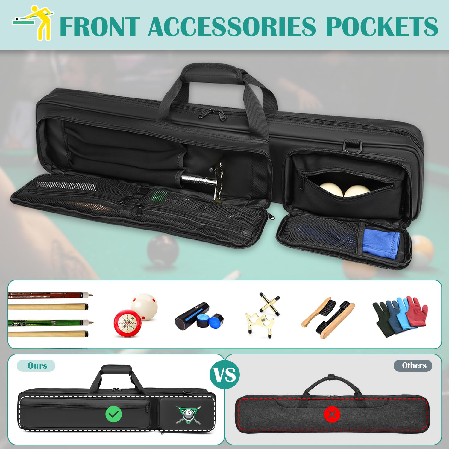 FRETHIND 4 X 4 stecche da biliardo borsa impermeabile Pool Cue Case per 4 parti inferiori e 4 stecche morbida piscina stick per il trasporto