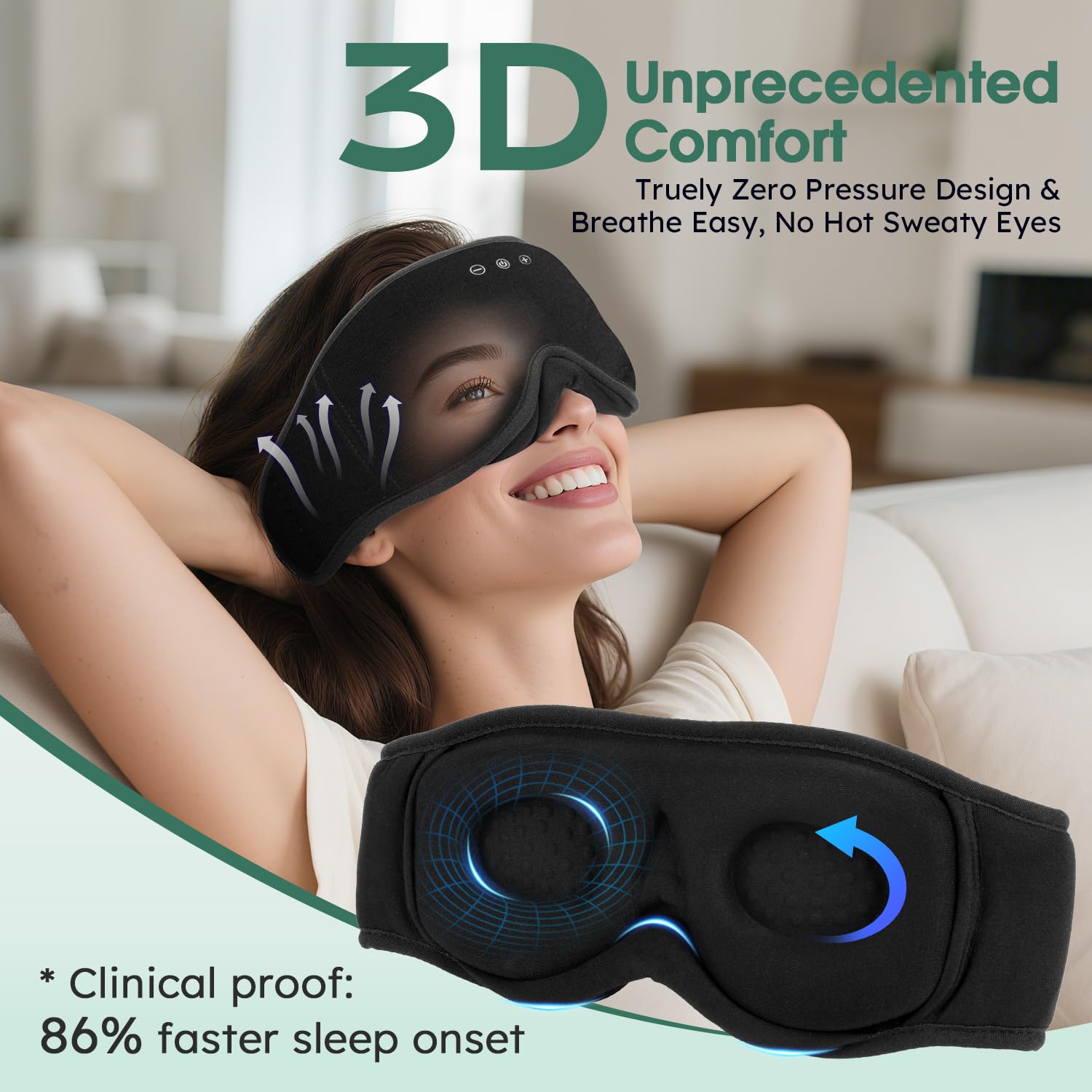 LC-dolida Bambou Masque de Sommeil Écouteur Bluetooth 5.4, 3D Masque de Nuit en Coton Bambou | Écouteurs de Sommeil Zero et 100% Blackout pour les Dormeurs Latéraux, les Voyages | Machine Lavable | Tissu doux 4D, respirant, zéro pression, occultation tota