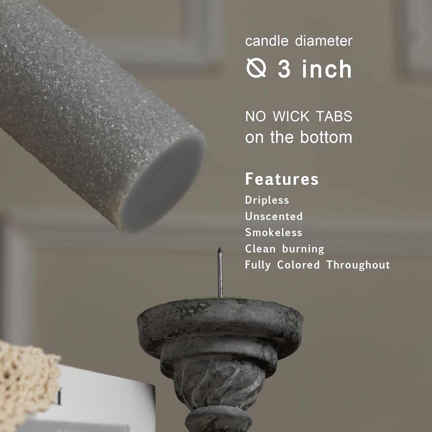 MOZEAL Hand-Poured Granular Texture Decorative Gray Pillar Candles Set of 3 (3'x4' 5' 6'),Approx 300 Hours Burn Time Dripless, Unscented, Smokeless - Image 2