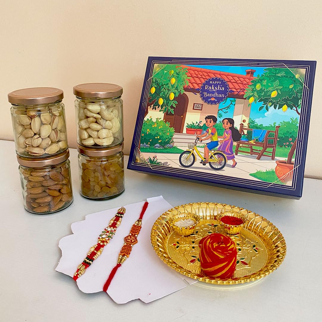 Premium Rakhi Gift Hamper for Brother & Sister | Raksha Bandhan Celebration Box | Golden Puja Thali, Roli Chawal Moli | Designer Rakhi Set with Dry Fruits (Almonds, Cashews, Raisins, Pistachios) 4