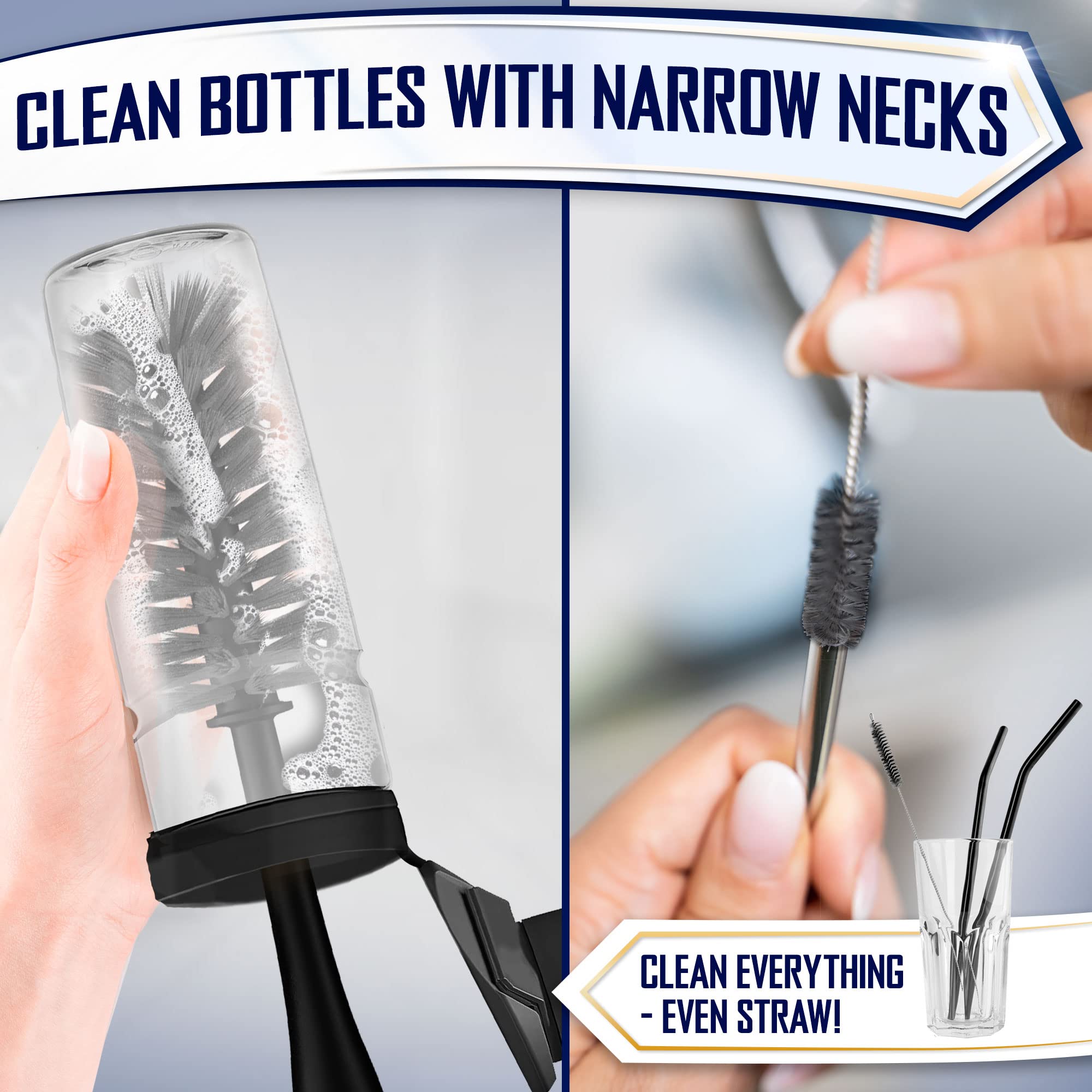 Juego de 4 cepillos para platos con cepillo de agua para botellas, cepillo para fregar platos, cepillo de estropajo y cepillo de popote, cepillos ergonómicos antideslizantes de mango largo para