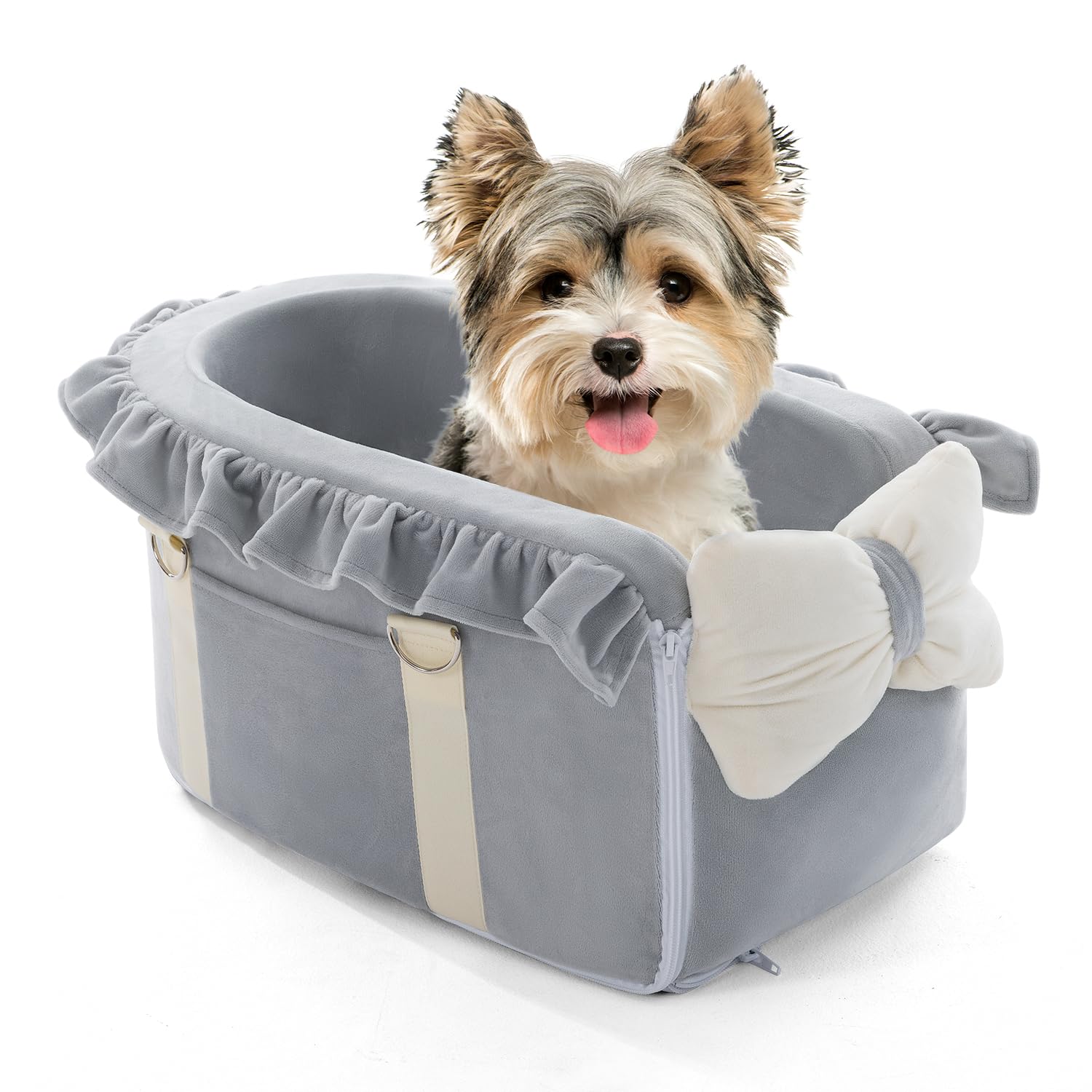 Jaoul Dog Car Seat for Small Dogs - Fully Detachable with Adjustable Straps Center Console Dog Car Seat - Comfortable Bow Design Pet Car Seats - Portable Pet Booster Seat for Puppy, Cat (Gray)