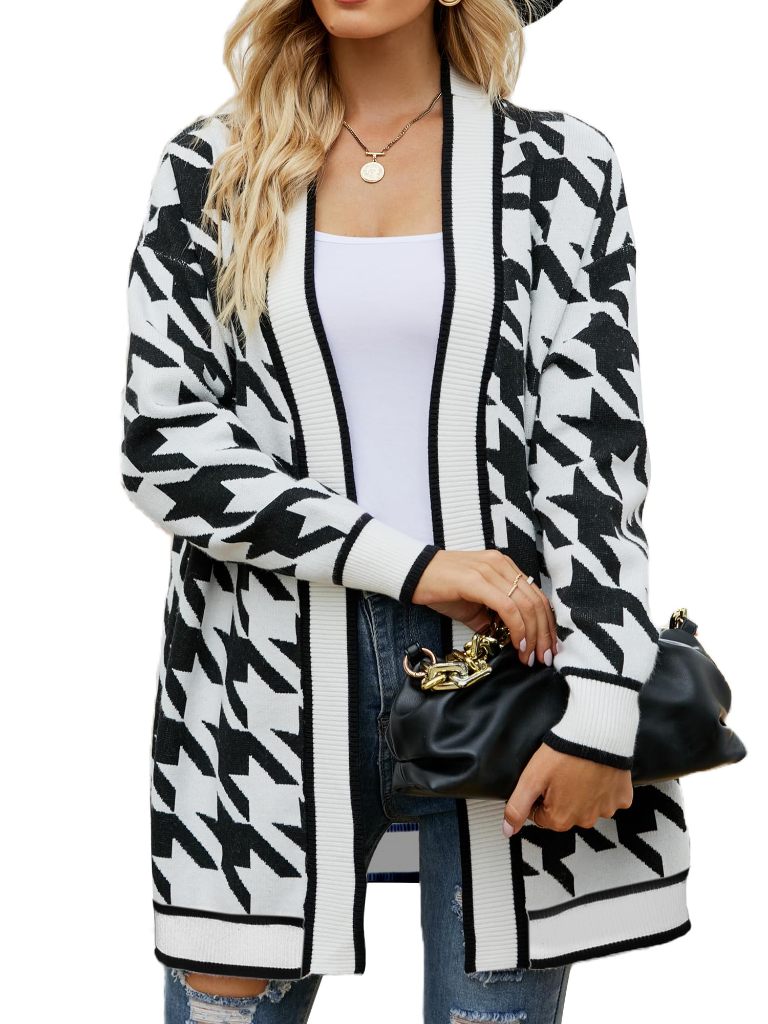Womens Houndstooth Cardigan Sweater Lightweight Open Front Knit Long Sleeve Classic Checkered Outerwear for Fall