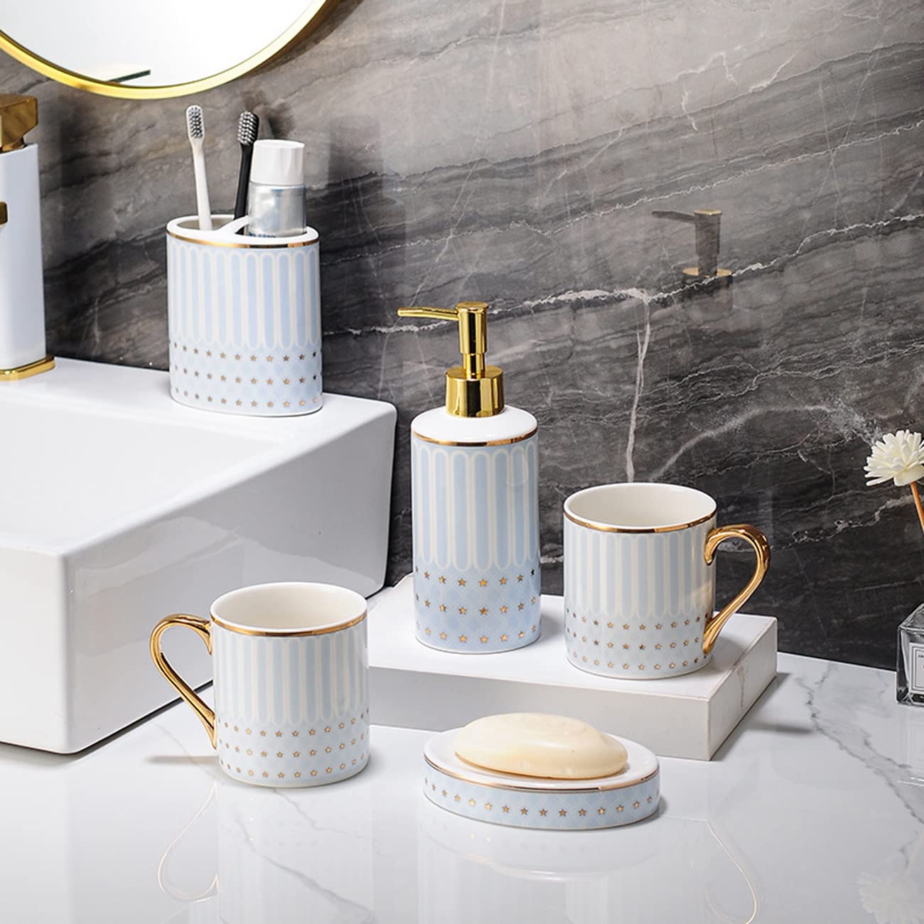Ensemble d'accessoires de Salle de Bain Luxueux en céramique, Ensemble d'accessoires de comptoir de vanité de 6 pièces avec Distributeur de Lotion, Porte-Brosse à Dents,