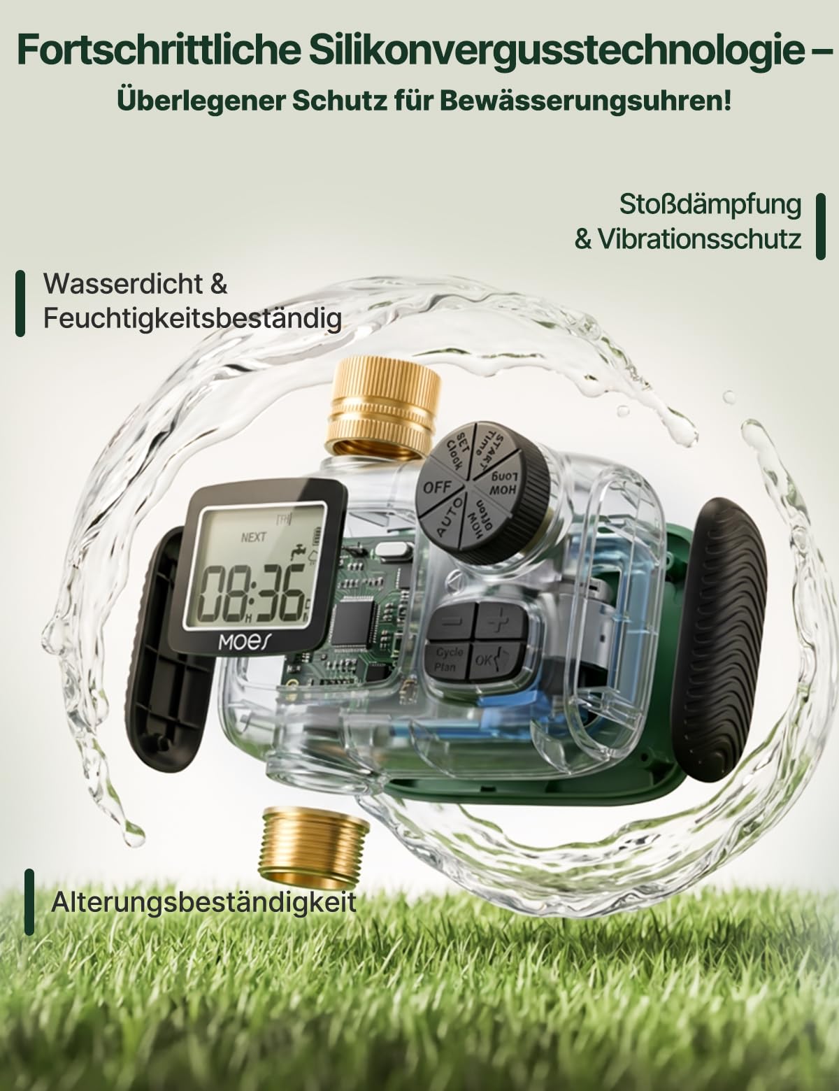 MOES Bewässerungscomputer mit Messinganschlüssen, Auslaufsichere Bewässerungsuhr für Garten & Rasen, Automatik- & Manueller Modus, Wasser Zeitschaltuhr mit Regenverzögerung & Großem LCD-Display