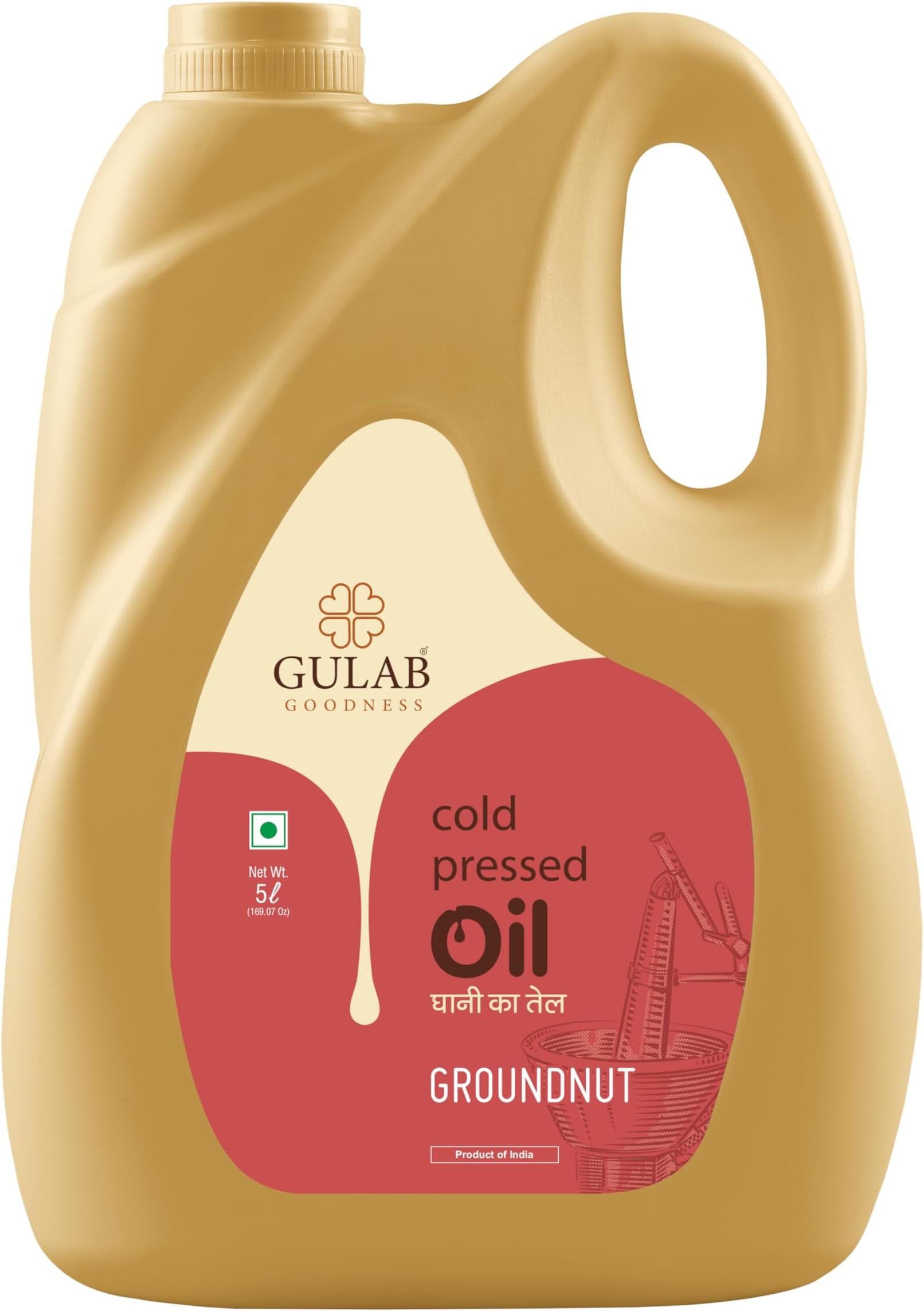 Gulab Cold Pressed Groundnut Oil - 5 Litre | Peanut Oil | Sing Tel | Kolhu/Kachhi Ghani/Chekku/Wood Pressed | Natural Cooking Oil | Chemical Free