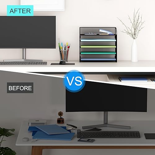 Miniatura 5 de GDINDINFAN Bandeja organizadora de papel de 5 niveles con asa, organizador de archivos de escritorio de malla, soporte clasificador de papel,