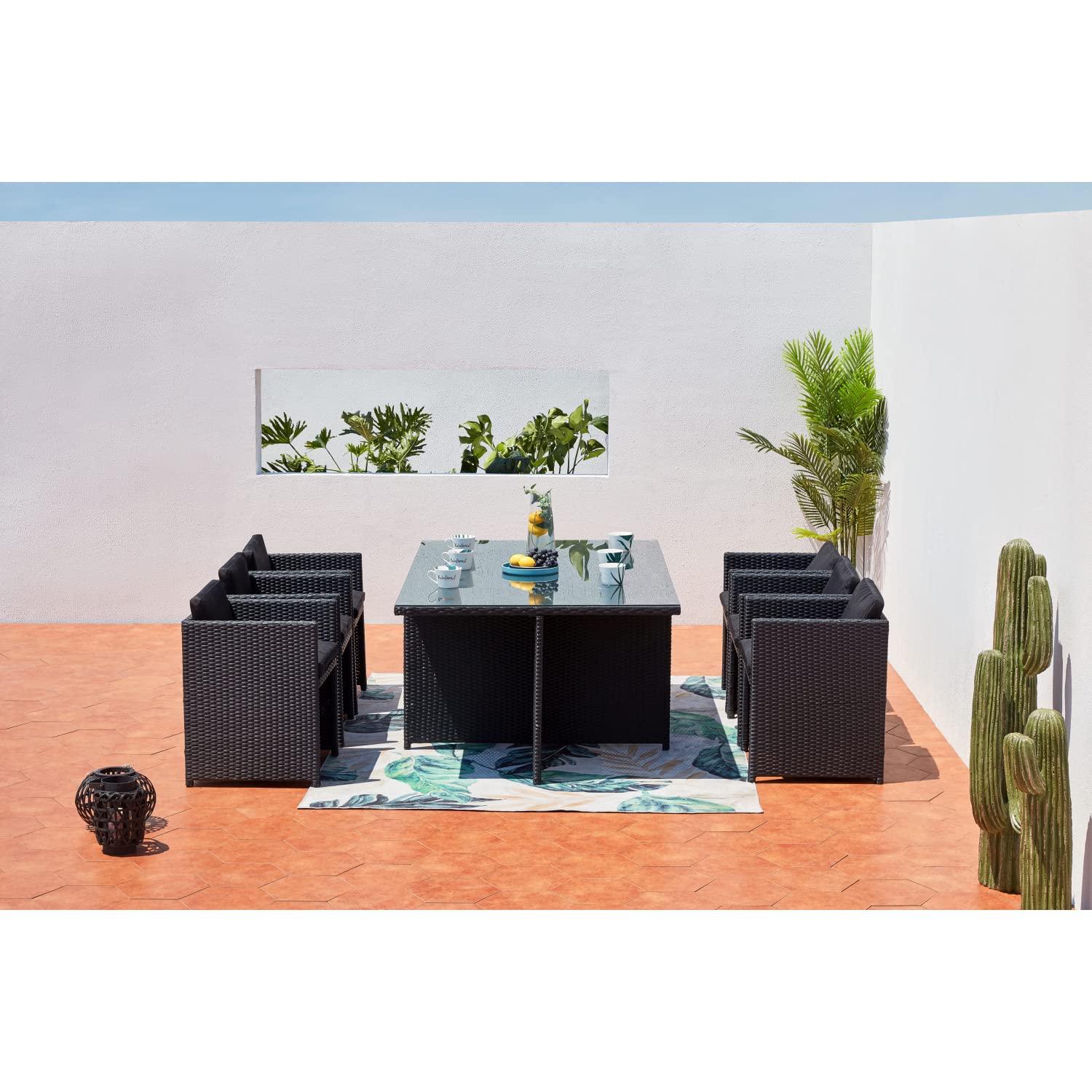 CONCEPT USINE Salon de Jardin Encastrable Miami Noir Coussins Noirs 6 Pers
