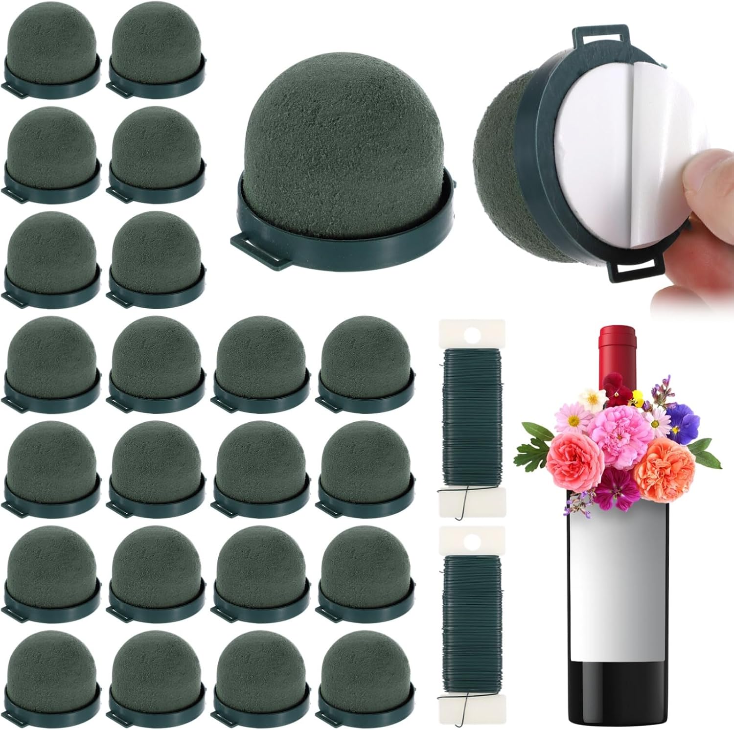 24 Pcs Sticky Floral Foam For Wine Bottle, Flower Arrangement Half-Round Blocks With 2 Green Iron Wire Rolls For Party Supplies, Wedding Centerpieces, Diy Flower Crafts