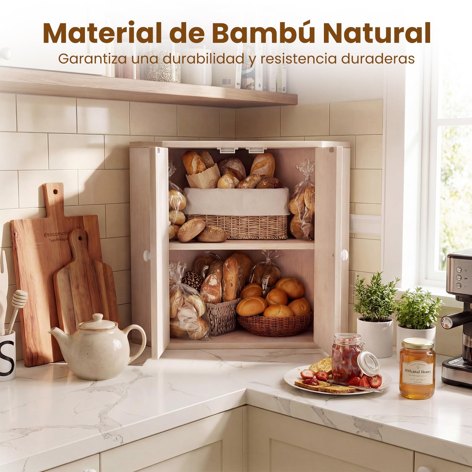 COSTWAY Paneras para Guardar el Pan, Panera de Bambú de 2 Niveles con Estante Ajustable, Caja de Pan Esquinera para Encimera de Cocina, Panera Madera de Gran Capacidad, Contenedor Estilo Rústico