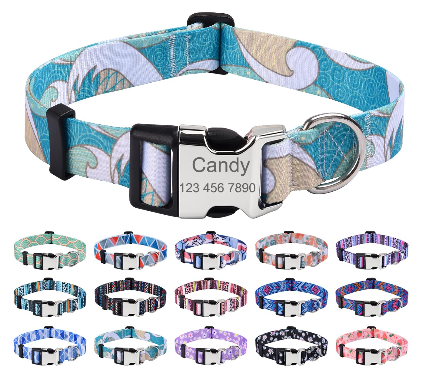 Mihqy Personalized Dog Collars, Customized Dog Collar with Name and Phone Number, Multiple Patterns & 4 Sizes Floral Geometry Dog Collar for Puppy Small Medium Large Dogs(Sea Wave,S) — image 1