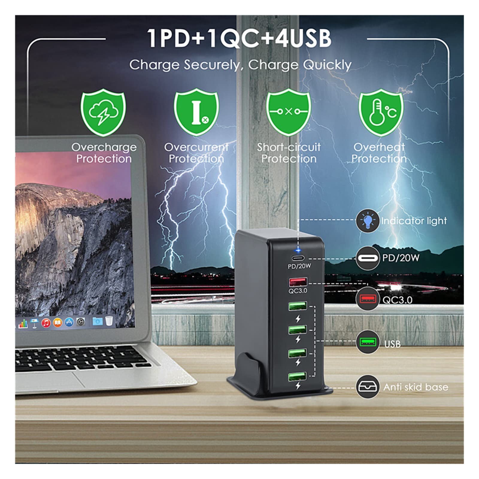 Portatile Caricatore rapido USB PD con 6 porte, stazione di ricarica Caricabatterie da parete for telefono universale compatibile con cellulare, tablet e altro(B)