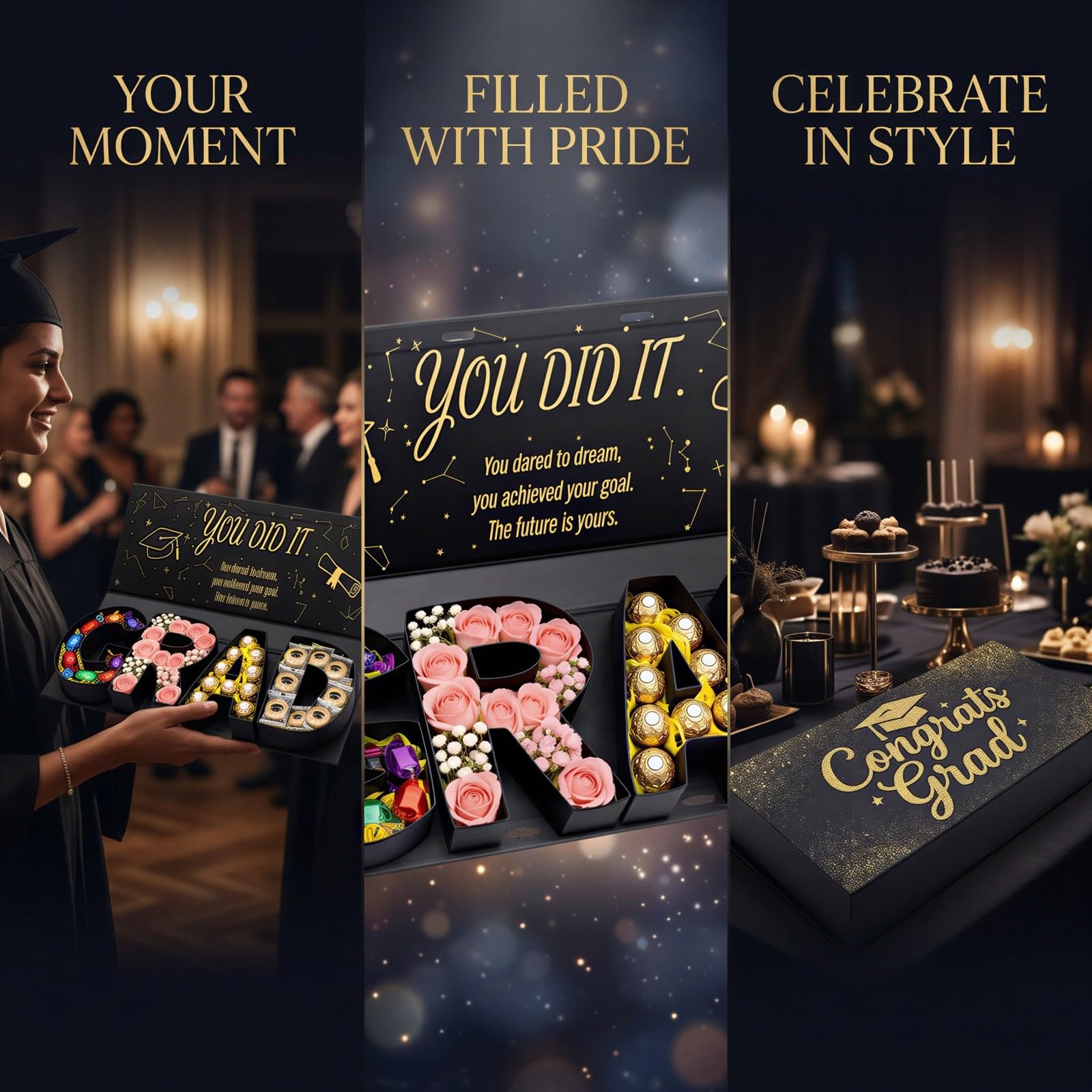 GRAD-Briefbox 2026, füllbare Abschluss-Geschenkbox für Süßigkeiten oder Blumen, DIY-Abschlusspräsent-Box mit Goldglitzer-„Congrats Grad“-Deckel und Schleife, passend für College-Party-Dekor