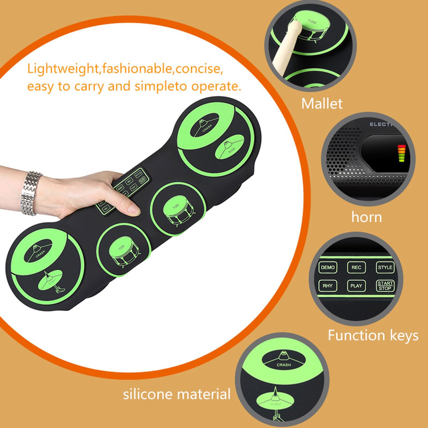 Batería Electrónica De 7 Pads, Instrumento De Percusión Somatosensorial Portátil, Pad De Práctica De Batería Enrollable con Pedales De Batería Y Baquetas, Altavoz Incorporado, Bluetooth Midi
