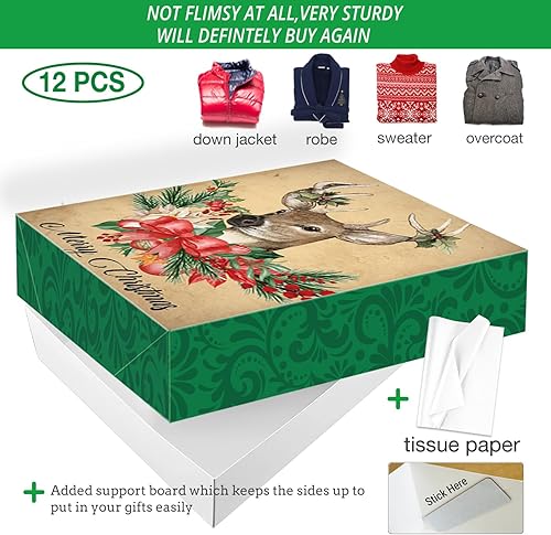 Miniatura 2 de 12 cajas de regalo de Navidad extra grandes a granel con tapas, 12 papel de seda y 80 calcomanías de regalo de Navidad para envolver ropa de gran