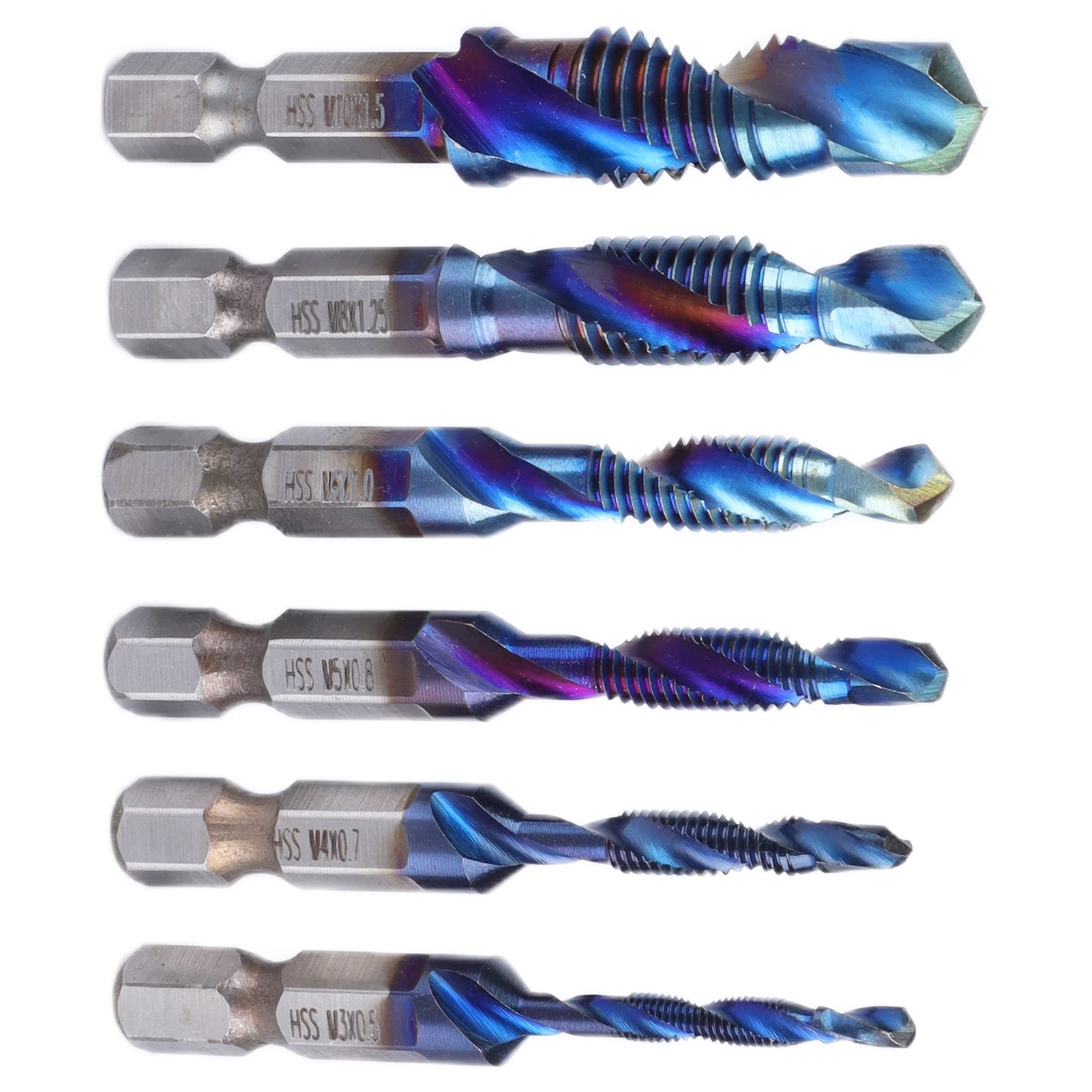 Respicefinem 6pcs Spiral Tap Drill Bit Set with Blue Plating Coating Hex Shank for Drilling Cutting Soft Metals Aluminum Plates Iron High Quality High Speed Steel Suitable for