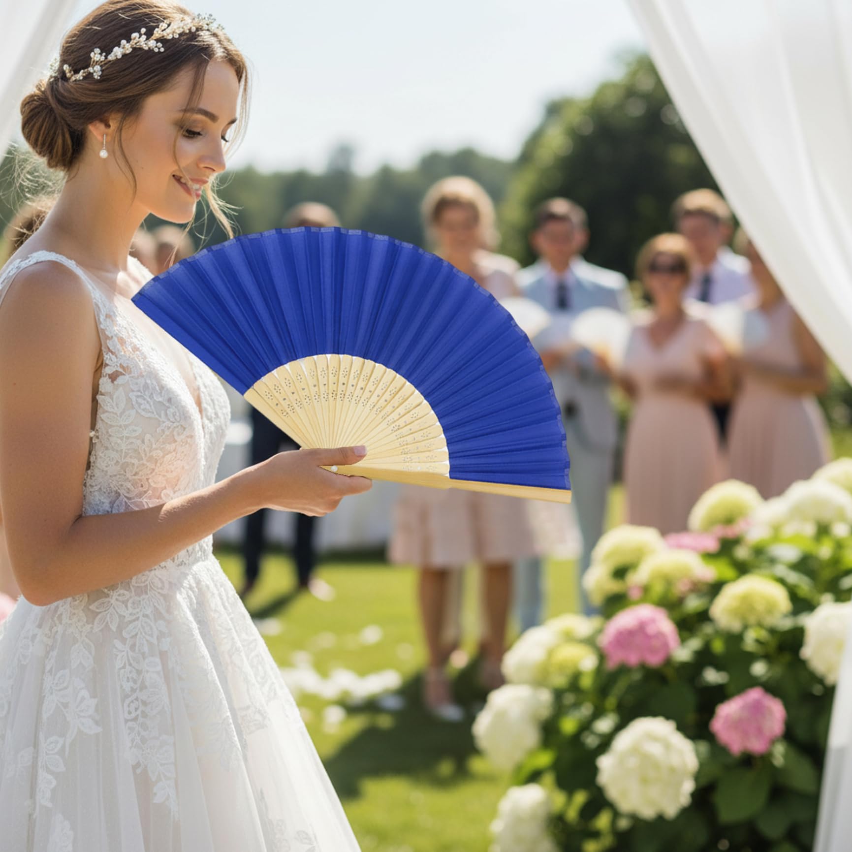 Faltende Handfächer, 50 Stück 15 Zoll Hochzeitsfächer aus Bambusseide, bla