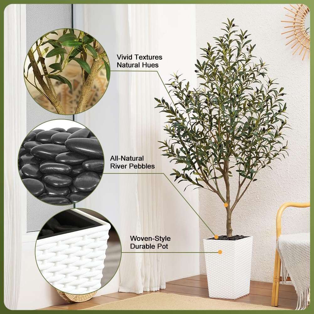 Artificial Olive Tree 6FT Indoor&Outdoor Faux Plant - UV Resistant Large Fake Tree with White Planter & Pebbles, Realistic Tall Potted Artificial Trees for Modern Home Decor Office Living Room VN132 - Image 4