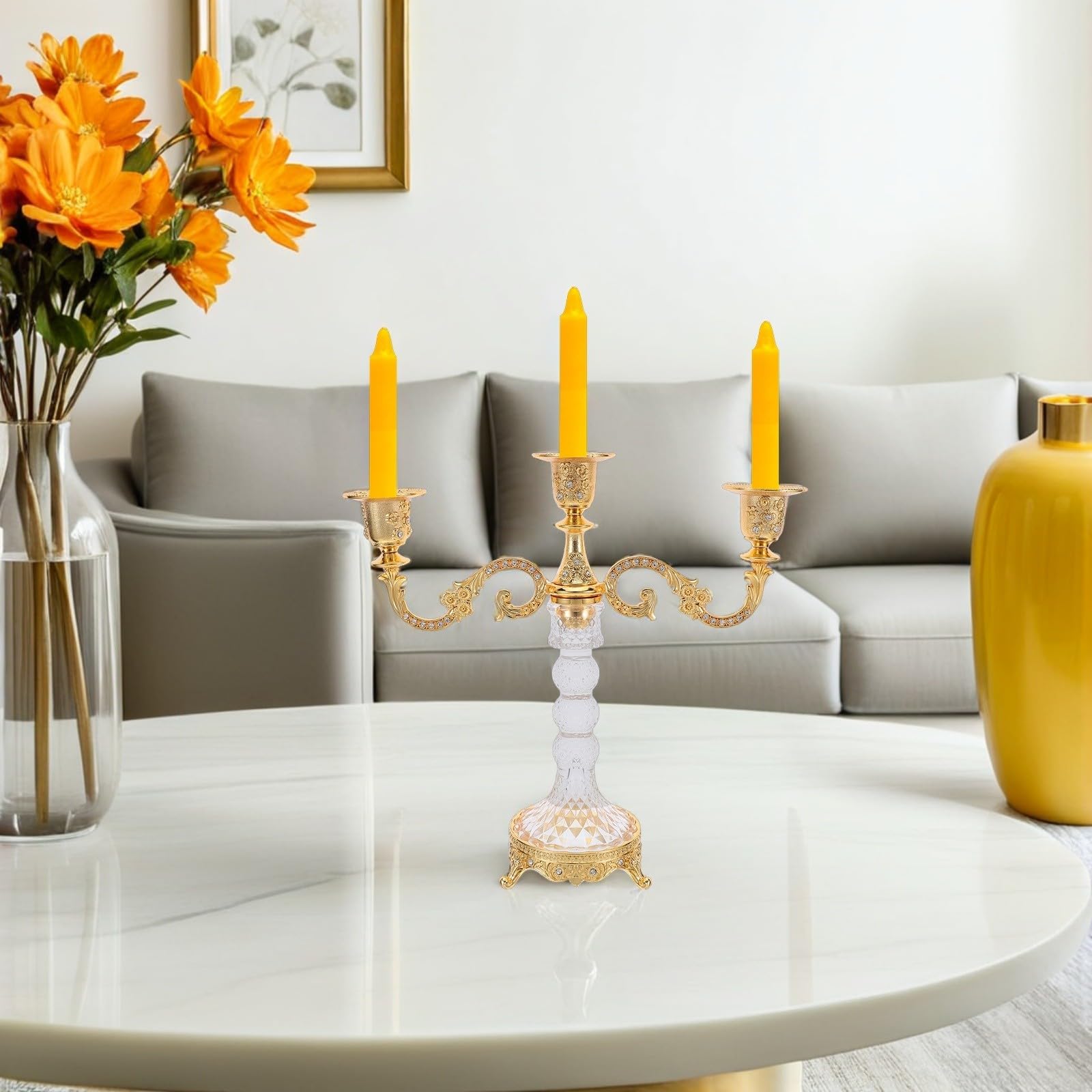 Cabilock Goldener aus Aluminiumlegierung und Glas 3 Armiger Kandelaber mit Romantischem Kerzenlicht zur Thanksgiving und Weihnachtsfeier für Festliche Tischdekoration
