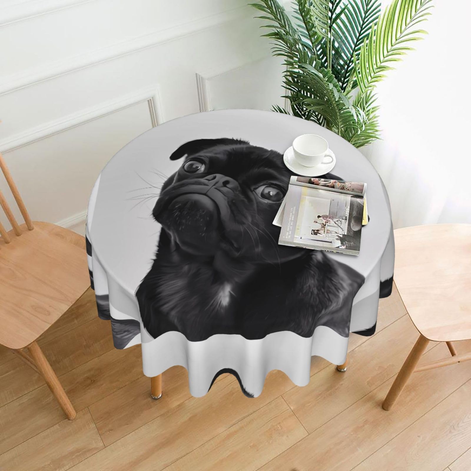 WHJSHOP Cute Black Pug Dog Prints Round Decorative Tablecloth 60in – High-Grade Polyester Throw Cover for Dining Table Protection & Elegant Home Decor