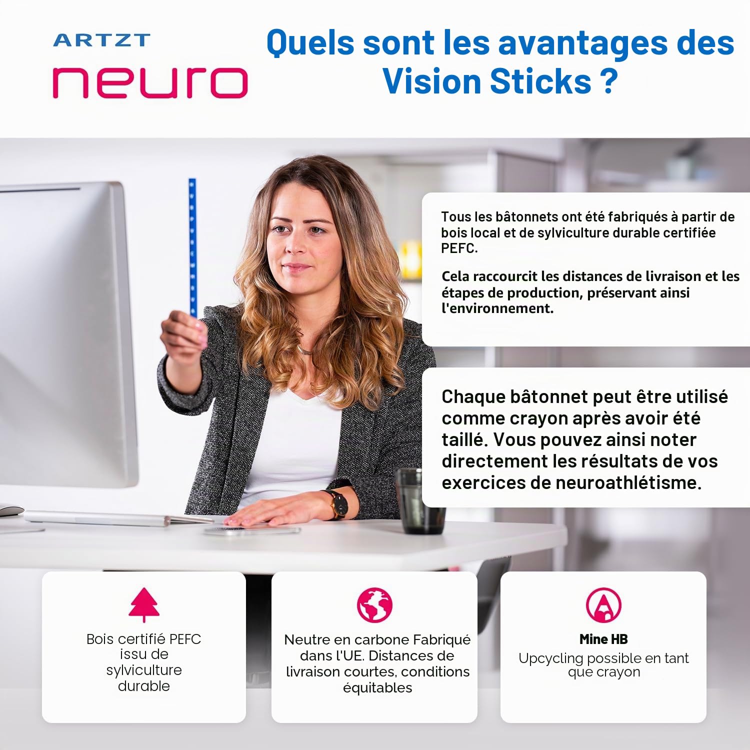 Vision Stick Lot de 4 bâtons de focalisation pour entraînement neurocentré et neuroathlétisme | Entraînement des yeux pour améliorer la concentration, la coordination et la perception