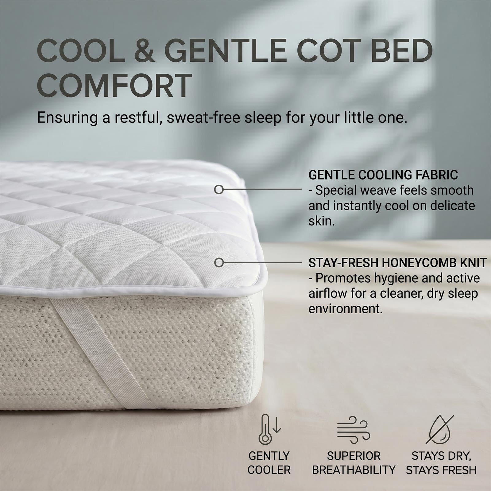 HOMESCAPES Cooling Cot Bed Mattress Topper 70x140cm Set of 2 – Cool Touch Breathable Quilted Cot Bed Mattress Pads for Toddler & Child, Corner Straps, Washable, OEKO-TEX® Standard 100 Certified — view 2