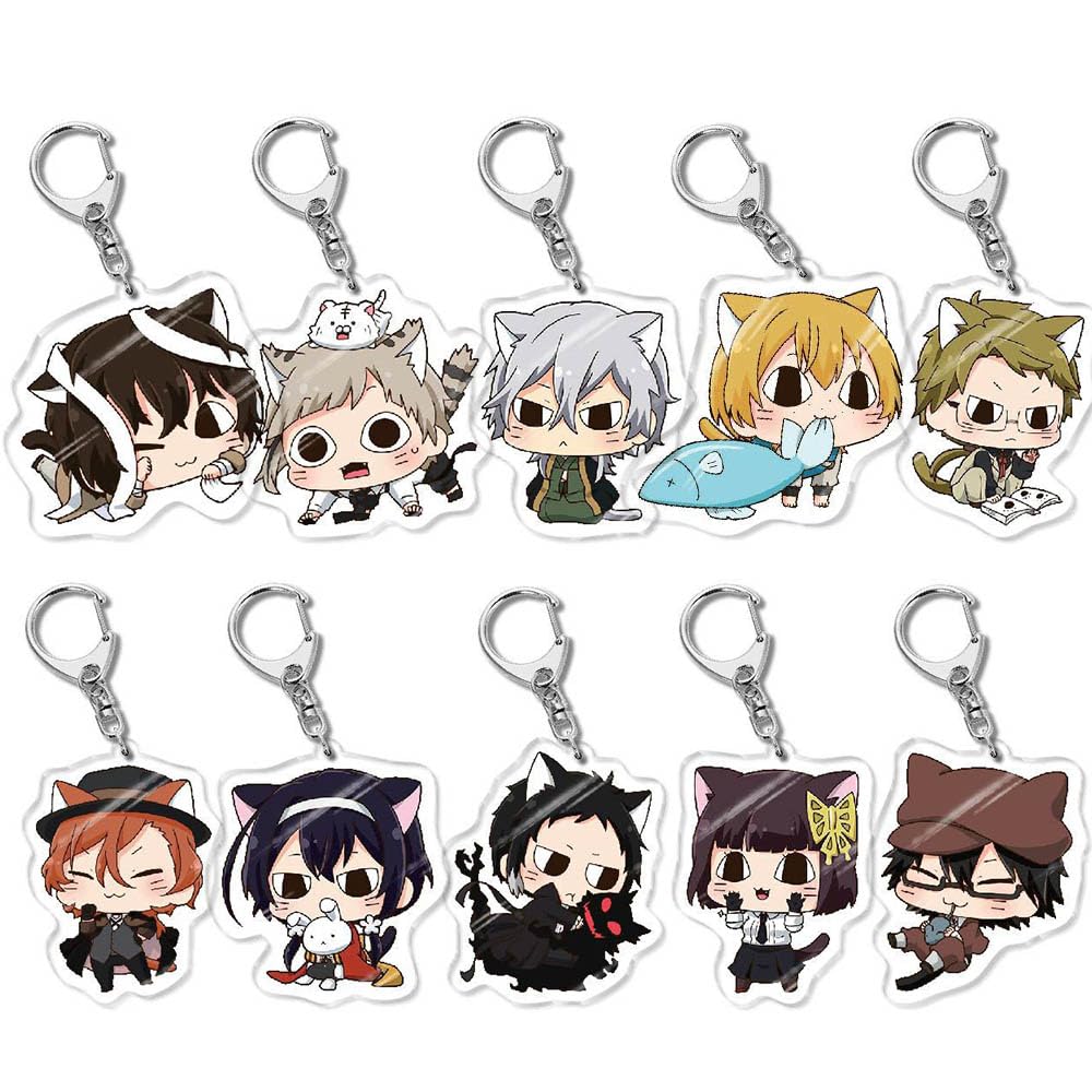 Pack of 10 Bungo Strays Dogs Figures Cat Keychain Chuya Dazai Akutagawa Cosplay Keyring Pendant Bungo Strays Dogs Acryl Chain Decorations
