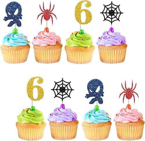 Decoración para cupcakes de 6 cumpleaños de Spider Boy, decoración de cupcakes de araña con purpurina azul y roja, decoración de pastel de feliz 6