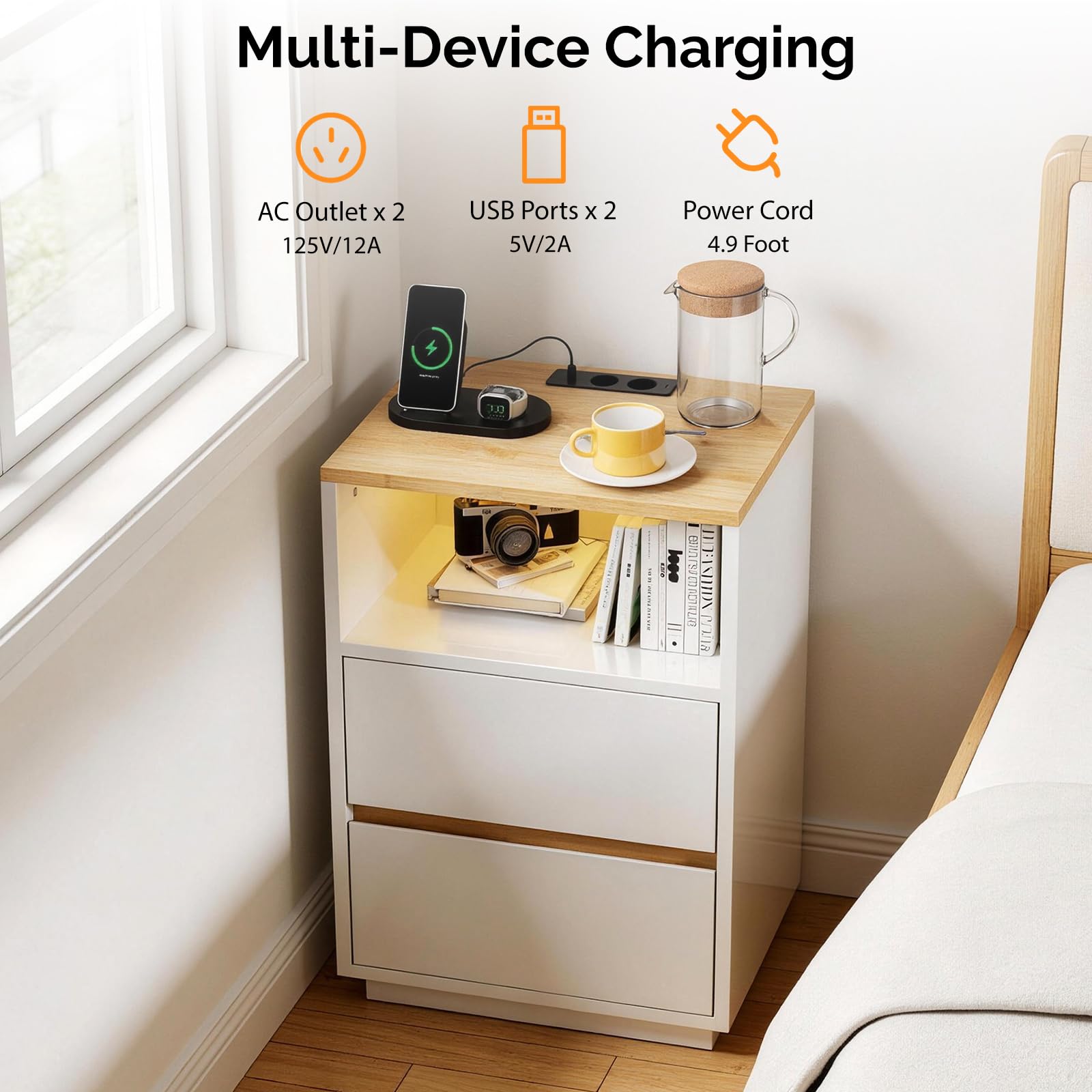 LEADZM Table de Chevet Lot de 2 avec lumières LED avec Station de Charge et Ports USB,Table d'appoint, Commode de Nuit, 40 x 30 x 60cm, Blanc Brillant Fiche européenne