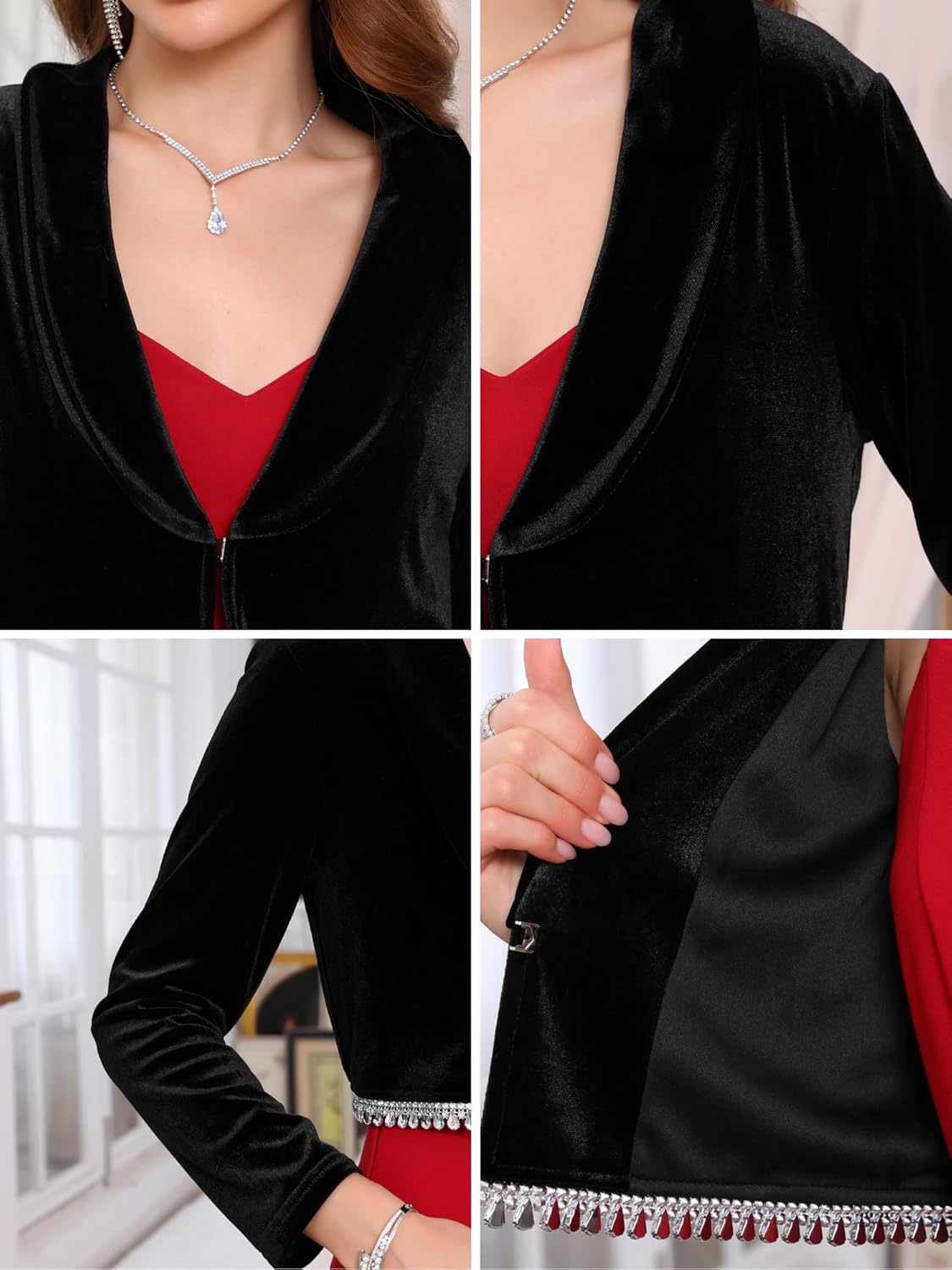 Women's Velvet Shrug for Dresses Evening Long Sleeve Sparkle Trim Bridal Wedding Elegant Cocktail Bolero - Image 5