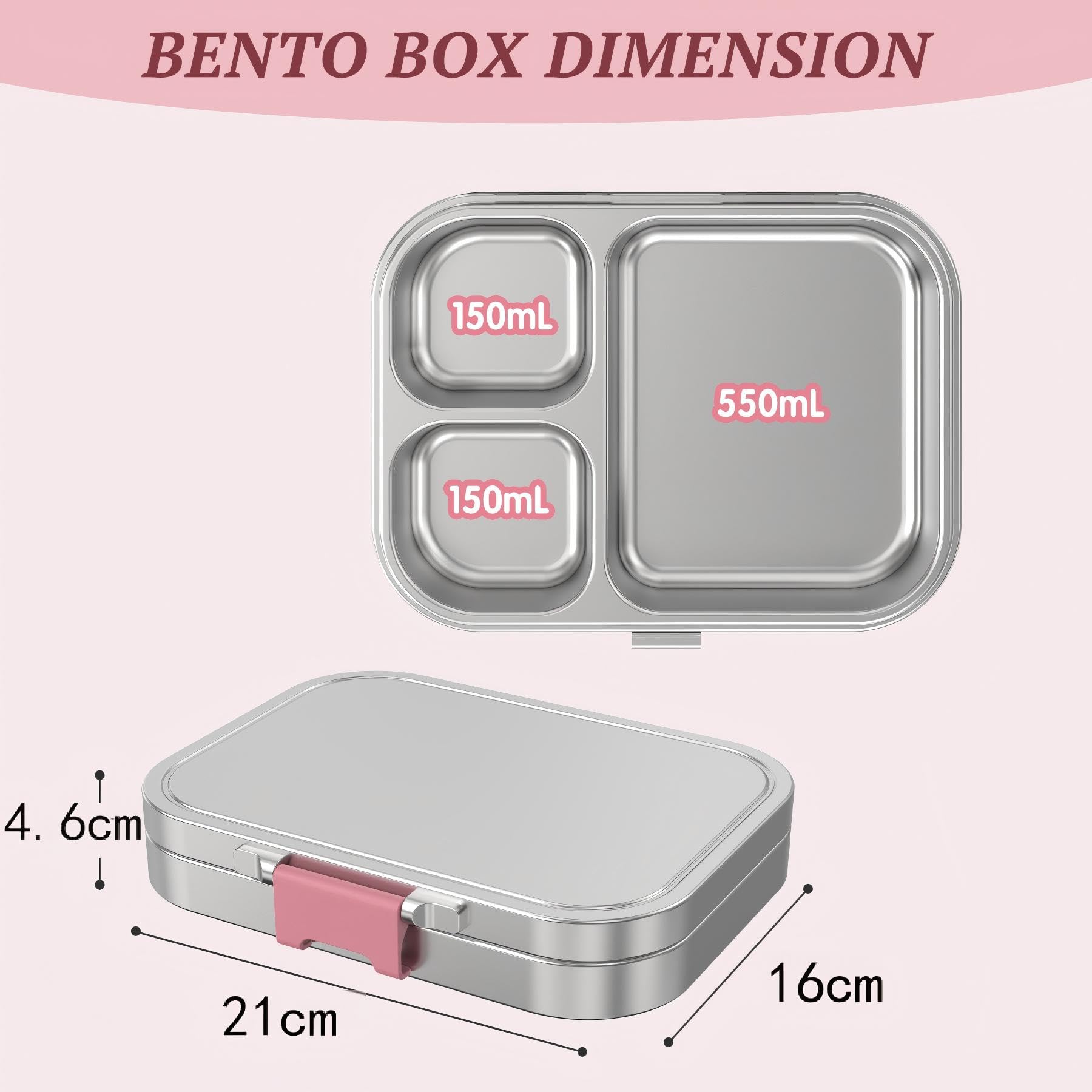 VITONIS Fiambrera de acero inoxidable para niños, fiambrera de metal Bento para niños, con 3 compartimentos y anillo de sellado, fiambrera adecuada para niños y adultos, apta para lavavajillas (rosa