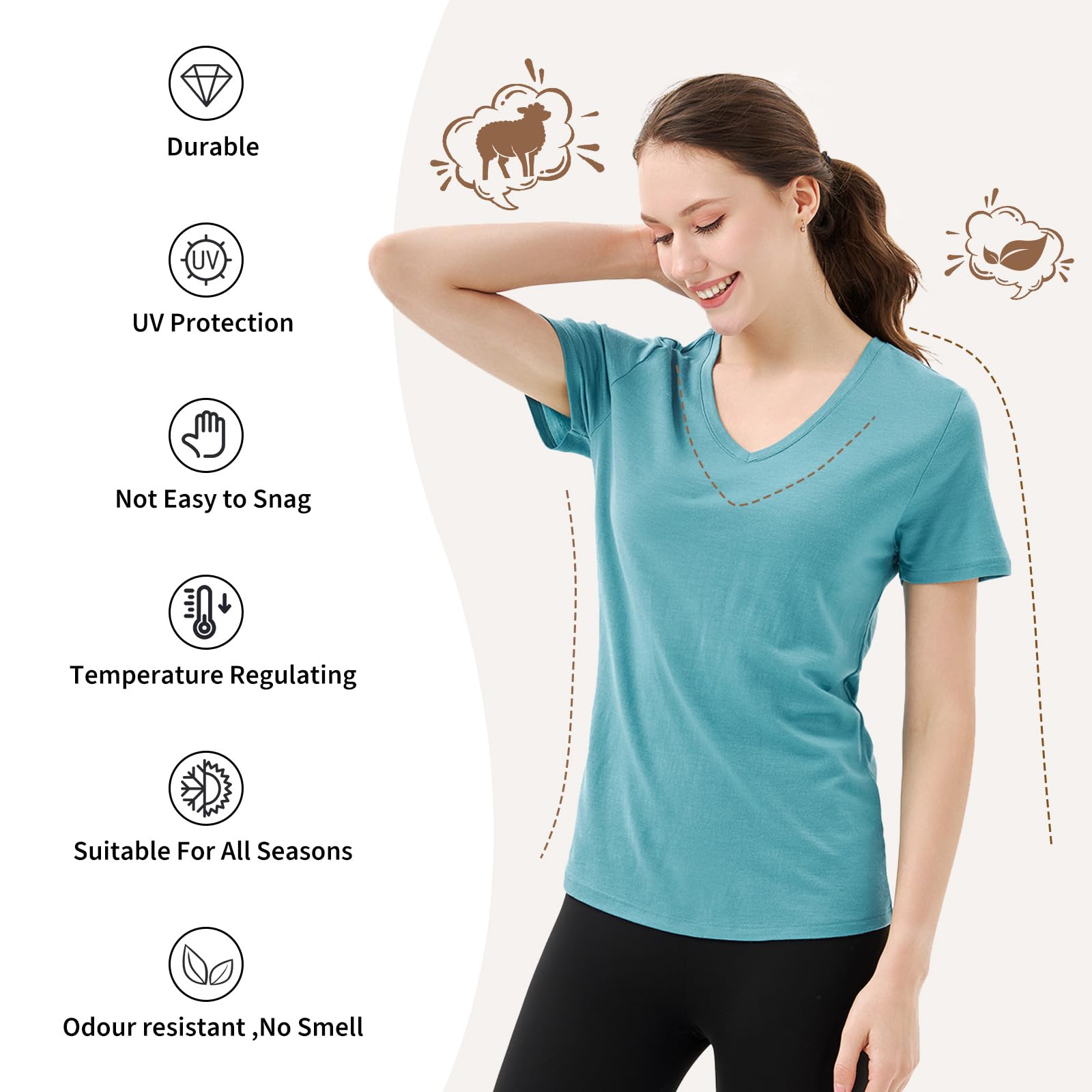 Merino Protect 100% Laine Merinos T-Shirts Femme Col V Manches Courtes sous Vetement Résistance Odeur Couche Base pour Voyage Randonnée Tshirt