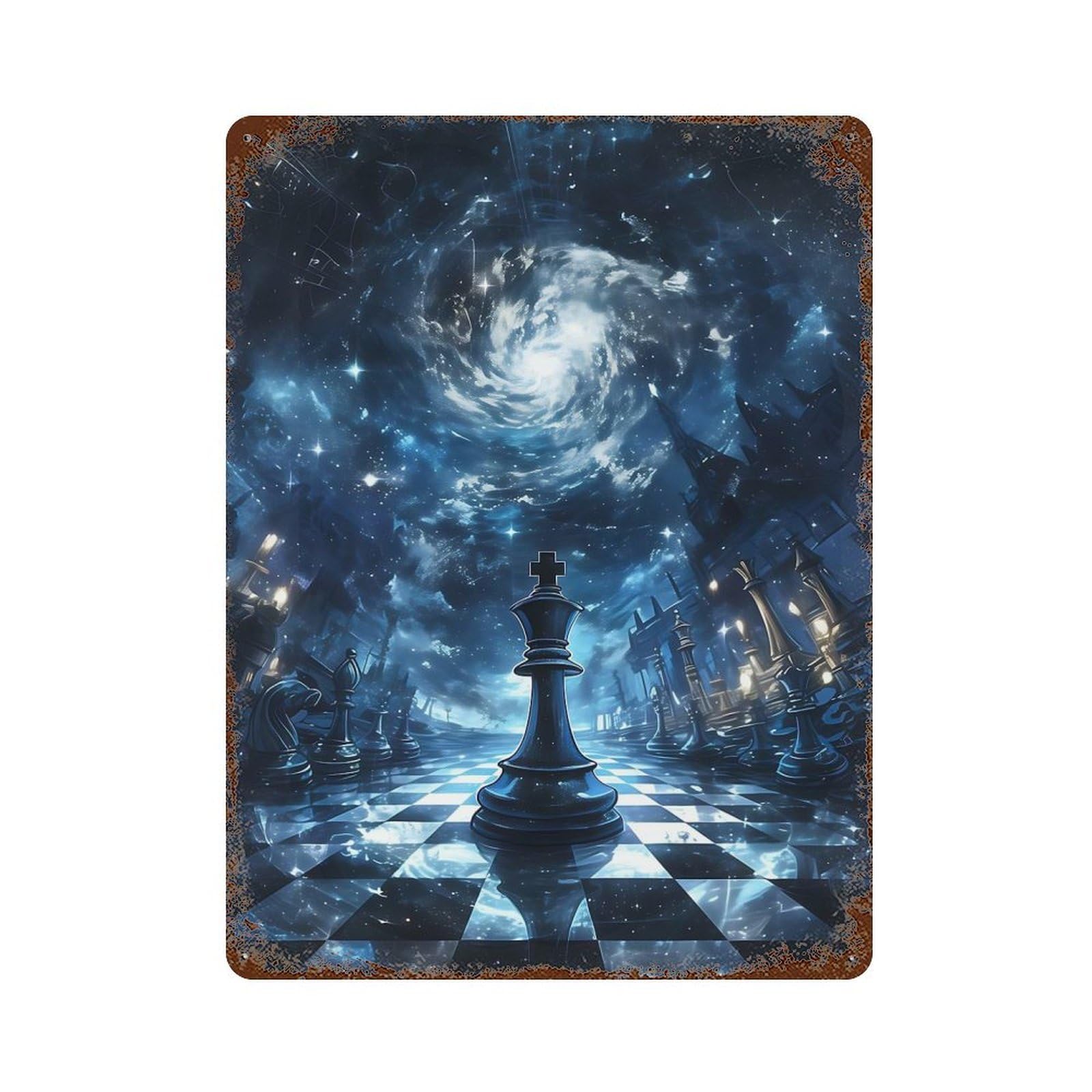 Garage Style Galaxy Universe Chess Rustic Tin Plaque 15.7"x11.8", Industrial Home Decor for Bar And Workshop