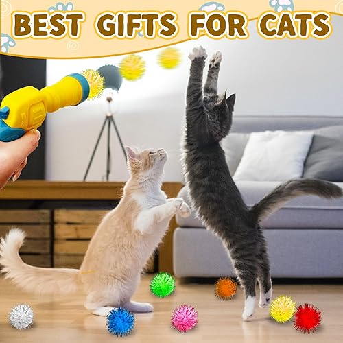 Miniatura 4 de Pelotas de juguete para gatos con juego de lanzadores, 2 lanzadores de juguetes para gatos y 100 bolas de pompones de gato con purpurina, juguete